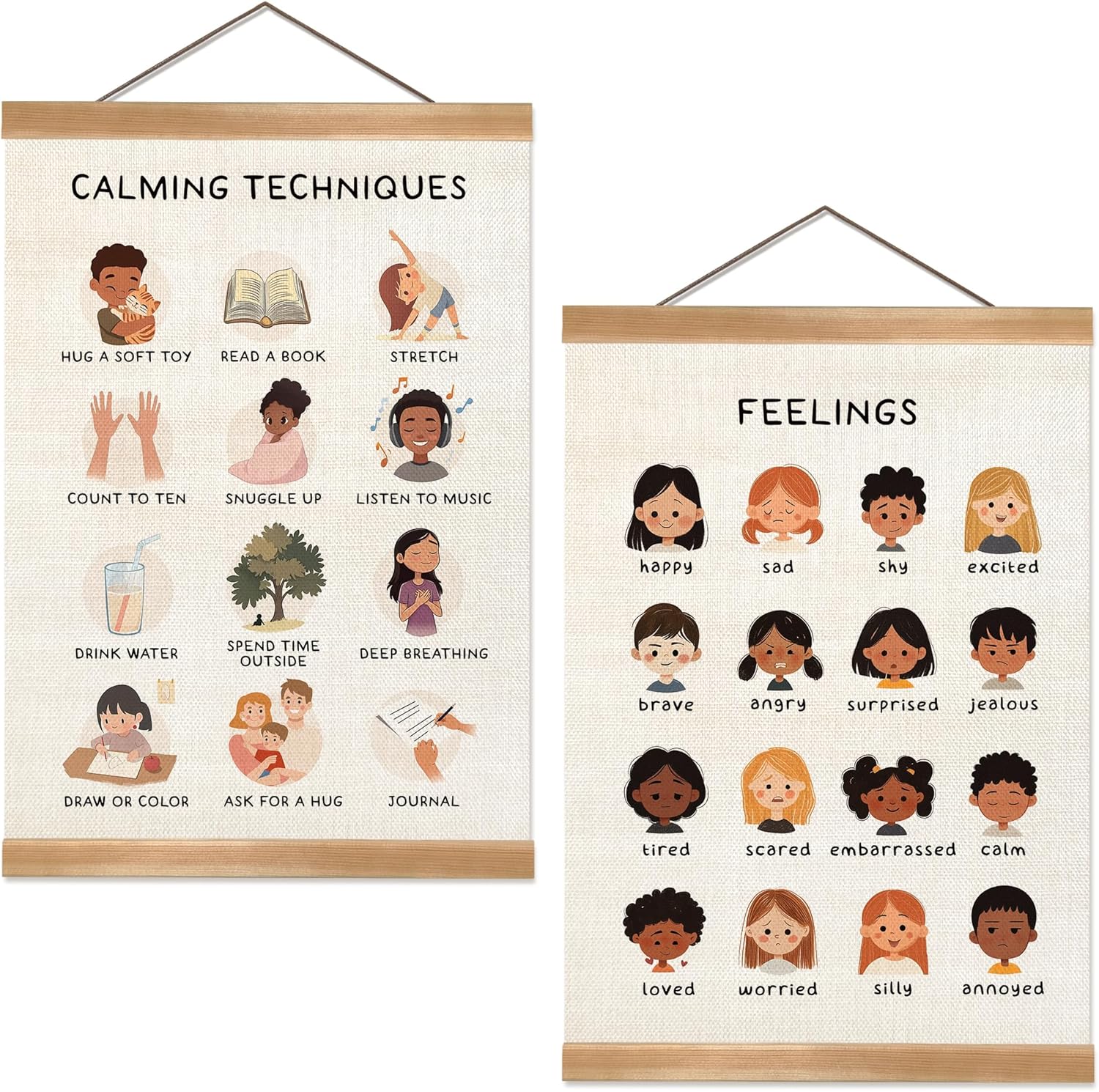 Feelings Chart & Emotional Learning Poster, Hanging Linen Canvas Wall Art with Solid Wood Frame, Montessori Social Skills Poster for Kids, Home & Classroom Decor – 2Piece Set 12x16 Inches (Feelings)