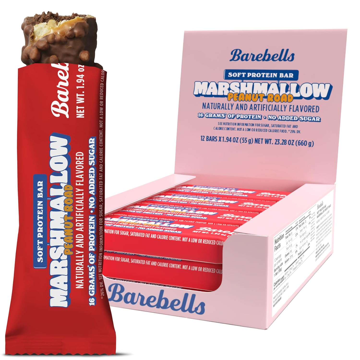 Barebells Soft Protein Bars Marshmallow Peanut Road - 12 Count, 1.9oz Bars - Nutritional Snacks with 16g of High Protein - Fluffy Chocolate Treat with 2g of Total Sugars - Breakfast Bars