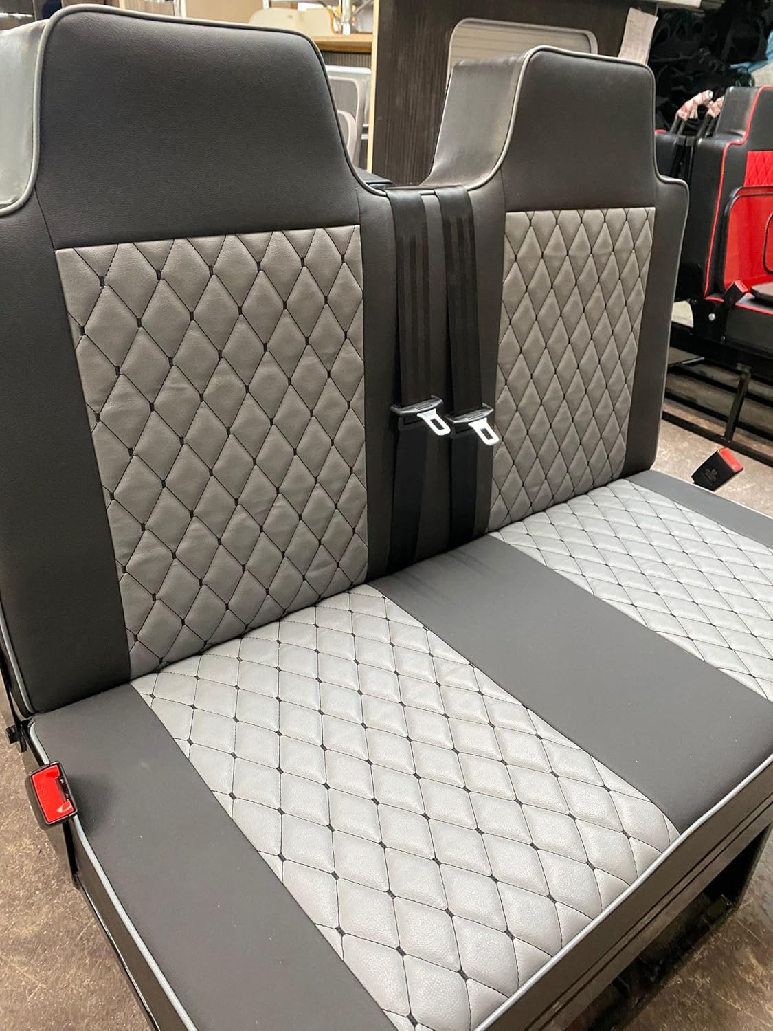 Lusso 4PC 3/4 110cm, Single Black Diamond on Grey, Grey Piping, Rock & Roll Bed, VW T4 T5 T6 Transit Vivaro Trafic. Seat Belts Gas Strut Fabric