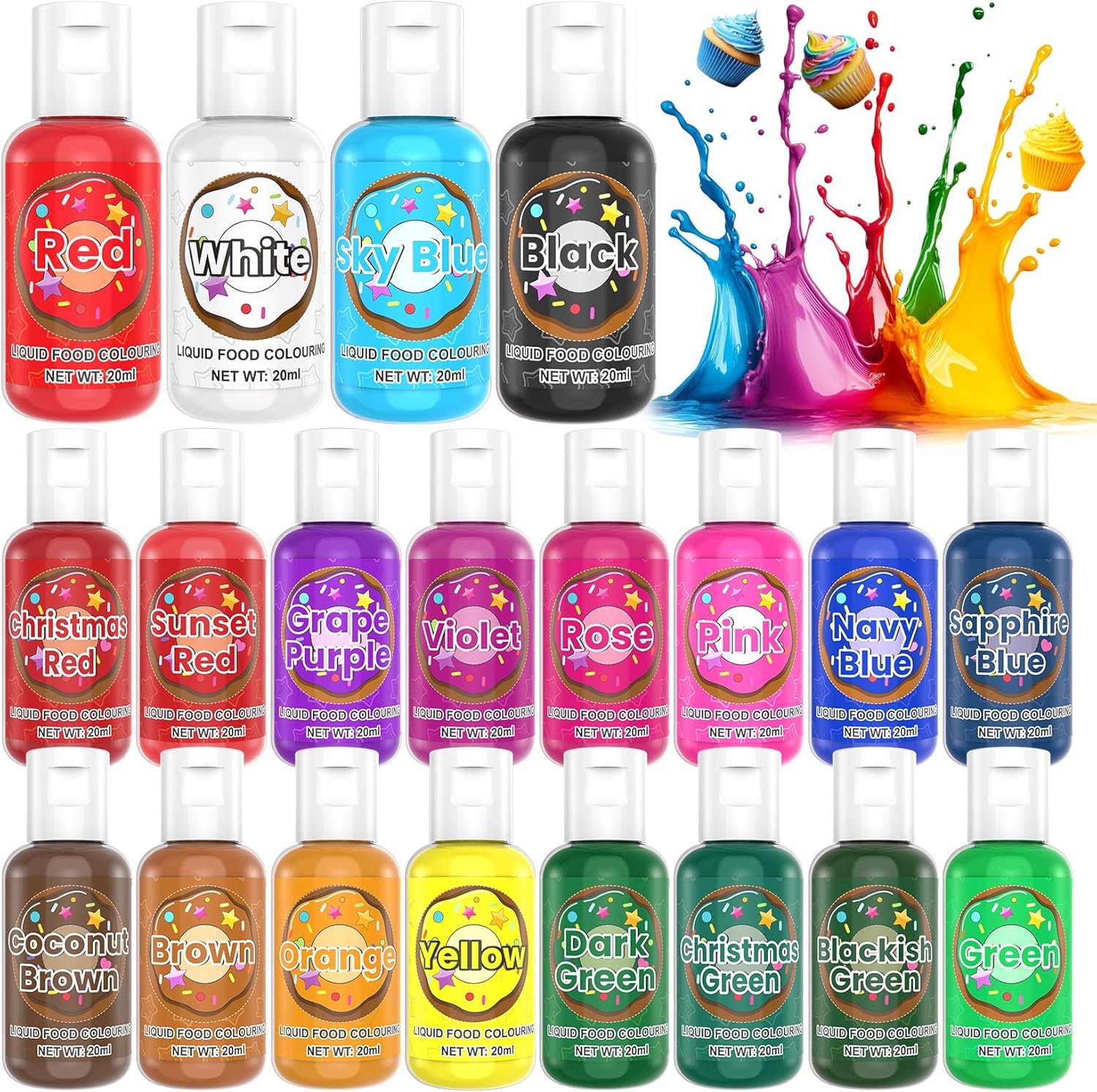 Liquid Food Colouring Set, 20 Colours Concentrated Food Colouring Dye for Icing, Neon Food Colouring for Baking, Cake Decorating, Cookie, Slime, DIY, Macarons, 400ml Total