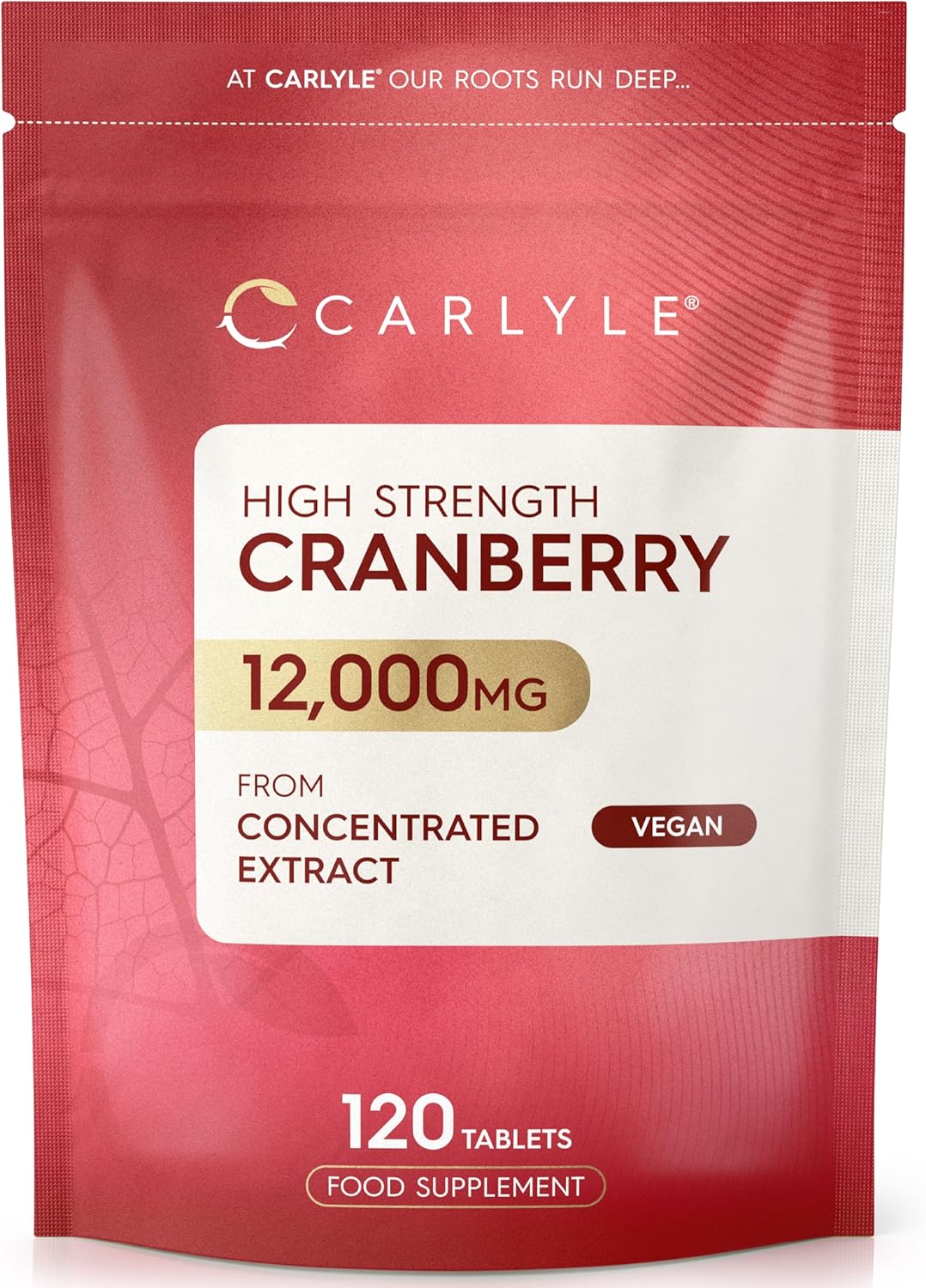 Cranberry Tablets for Women & Men 12,000mg | 120 High Strength Vegan Supplements | 2 Months Supply | 50:1 Cranberry Concentrate Extract | Carlyle