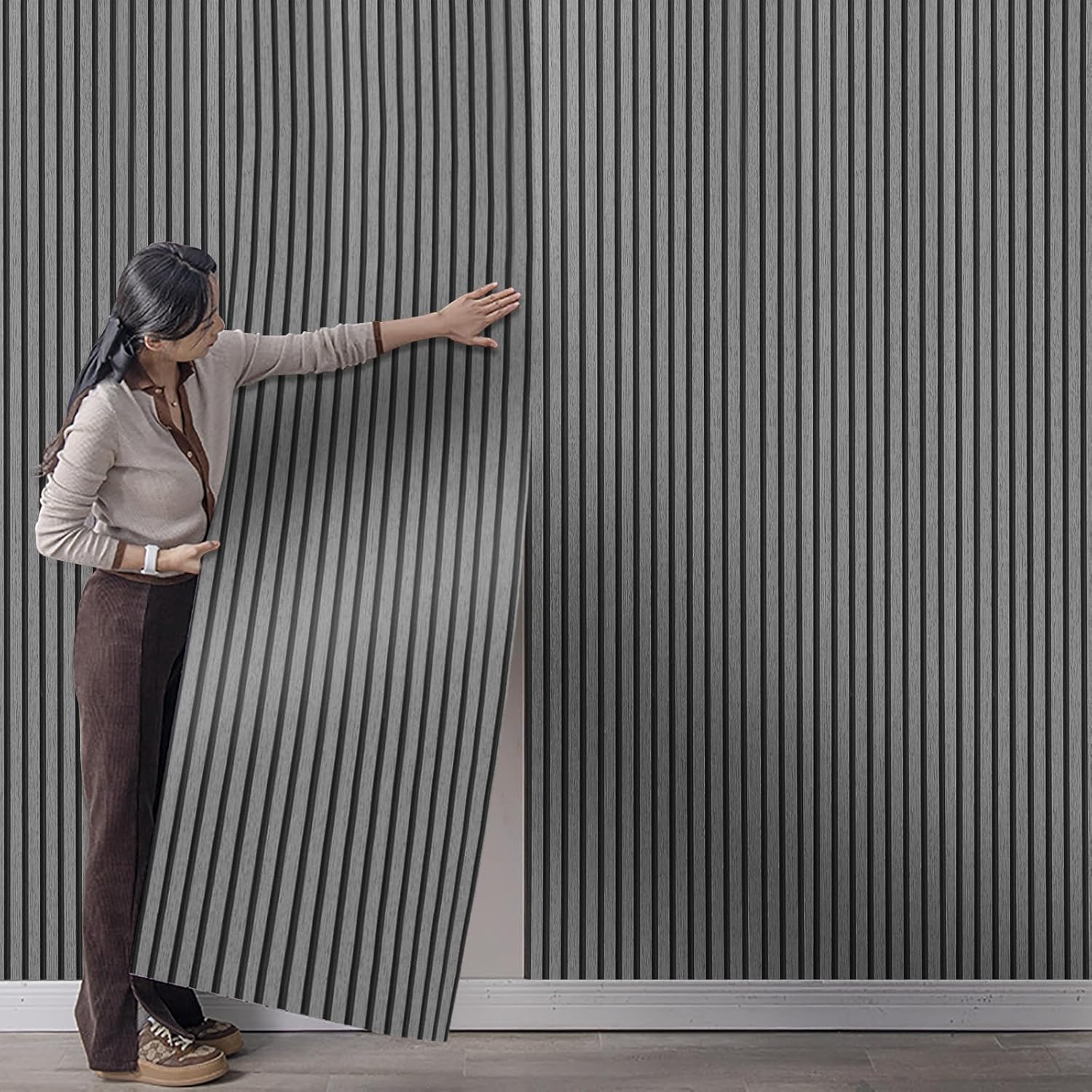 Tarwanear Dark Grey 3D Effect Wood Slat Wallpaper 0.53x9.5m Retro Faux Wood Panel Wall Feature Wallpaper for Living Room Bedroom Hallway
