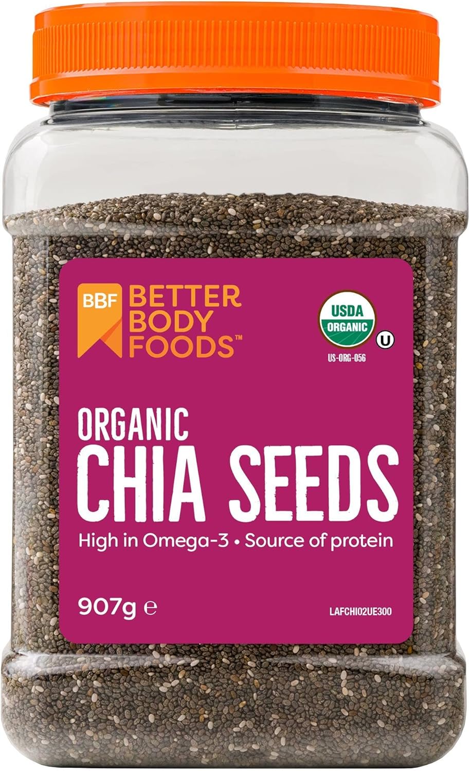 BetterBody Foods Organic Chia Seeds - Source of Omega-3, 5g Protein, 10g Fibre - Vegan, Keto, Gluten Free and Non-GMO Flavour Neutral Favourite - 907g