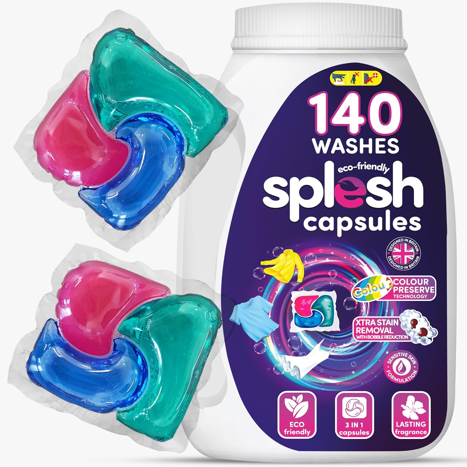 Splesh 3 in 1 Washing Liquid Laundry Detergent Capsules for sensitive skin – 140 washes, Colour Preserve Technology, Xtra Stain Removal pods with Integrated Fabric Softener