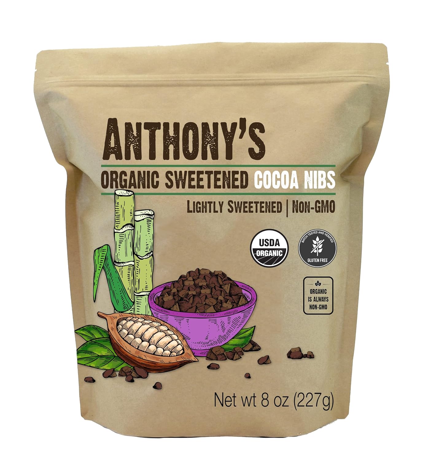 Anthony's Organic Sweetened Cocoa Cacao Nibs, 8 ounce, Gluten Free, Non-GMO, Non-Irradiated, Sweetened with Cane Sugar