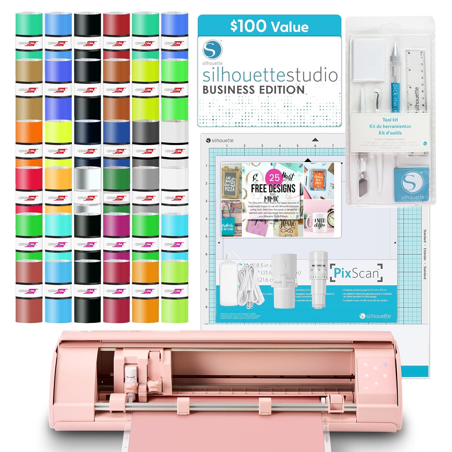 Silhouette America Cameo 5 Alpha (α) Smart Cutting Machine, Matte Pink (Deluxe Bundle) - Includes Business Edition Software, 36 Vinyl Sheets, PixScan Mat, Tool Kit & 25 Free Designs