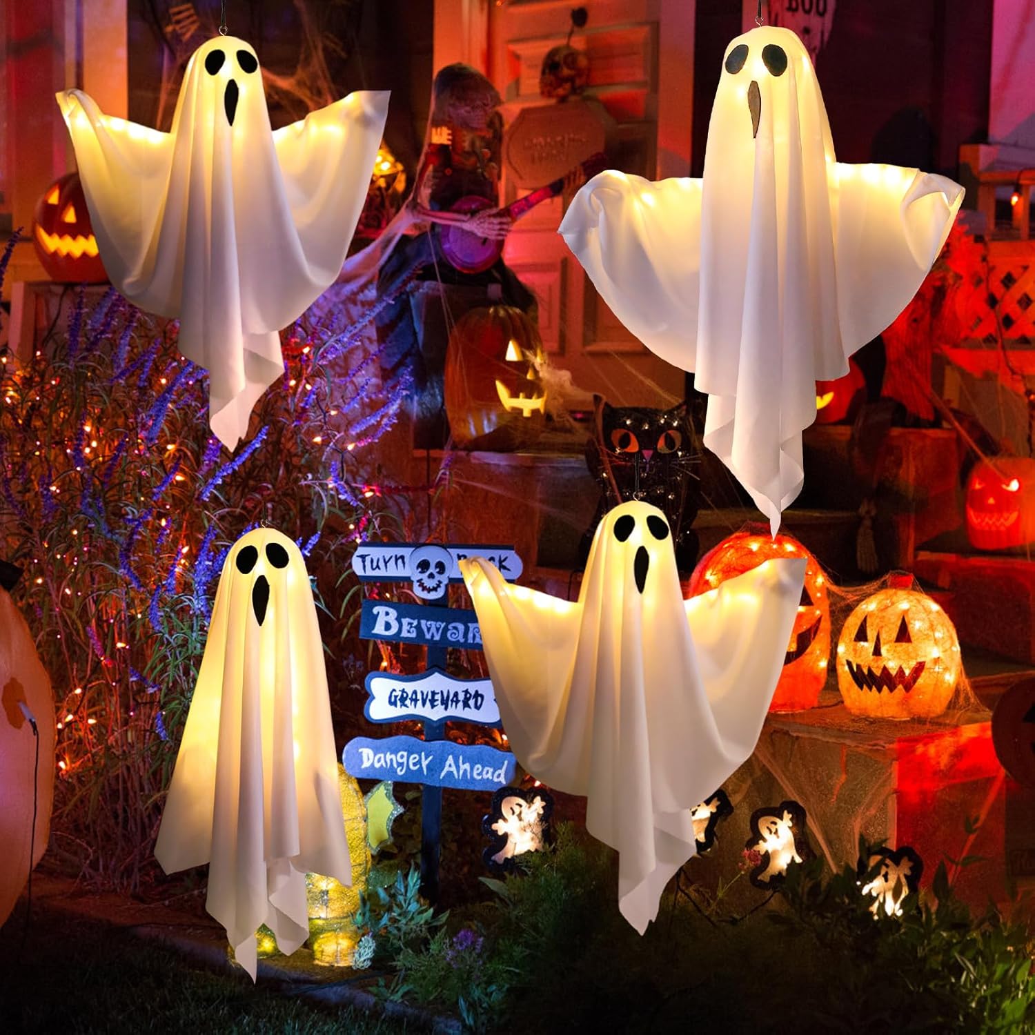 Halloween Ghost Decorations, CNMTCCO 4 Pack Hanging Ghost Decorations with LED Lights, Hanging Decorations for Party Patio Door Window Tree Porch Home Lawn Wall (White)