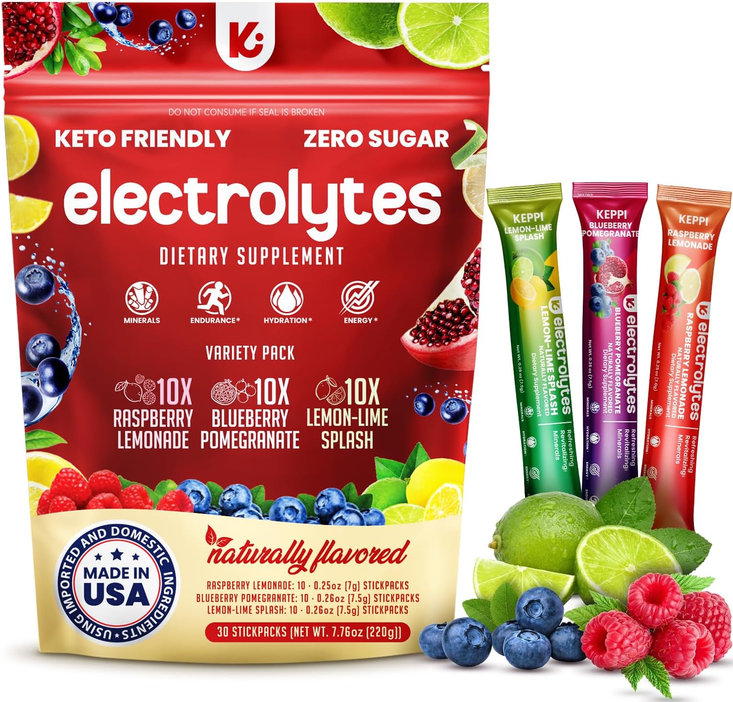Keppi Keto Electrolytes Powder No Sugar - Made in USA - Advanced Hydration & Recovery - Raspberry Lemonade, Blueberry Pomegranate & Lemon Lime Flavors