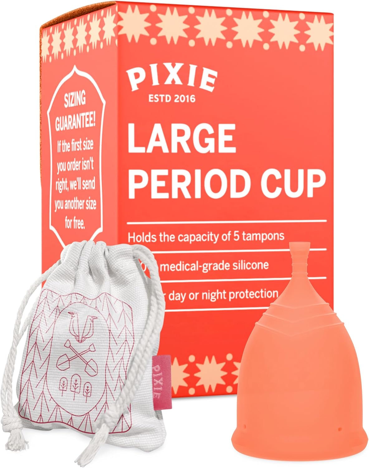 Pixie Menstrual Cup - 100% Medical-Grade Silicone Reusable Period Cup - Eco-Friendly, No Metals or Toxins - 12-Hr Leakproof, Odor-Free - Tampon Alternative (Large)