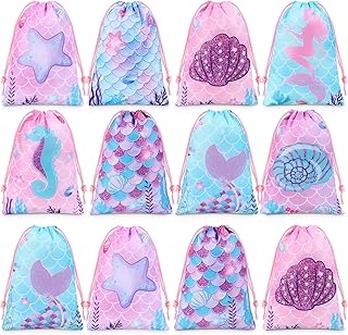 Clabby 12 Pcs Mermaid Party Favor Bags Candy Gifts Sacks Bulk Birthday Fish Scales Goodie Bags Under the Sea Ocean Theme Treat Bags Multi-Item Party Favor Packs