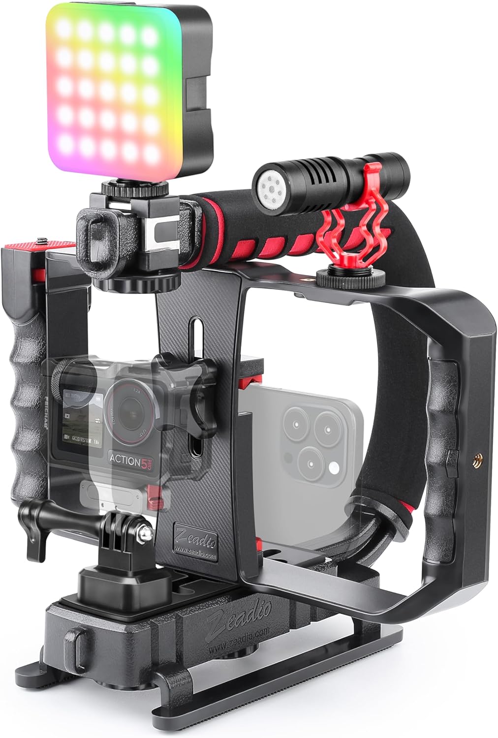 Zeadio Smartphone Camera Stabilizer, Portable Handle Grip Handheld Video Rig with RGB Video Light and Microphone, Fits for All Camcorder, Camera, DSLR and All iPhone and Android Smartphones