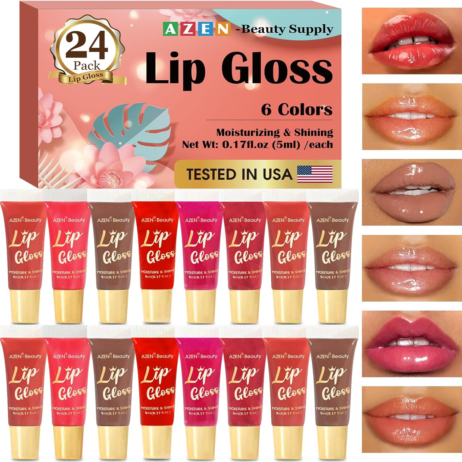 AZEN 24 Pack Lip Gloss Set, Color Lip Oil for Dry Cracked Lips Moisturizing Hydrating Nourishing with Vitamin E