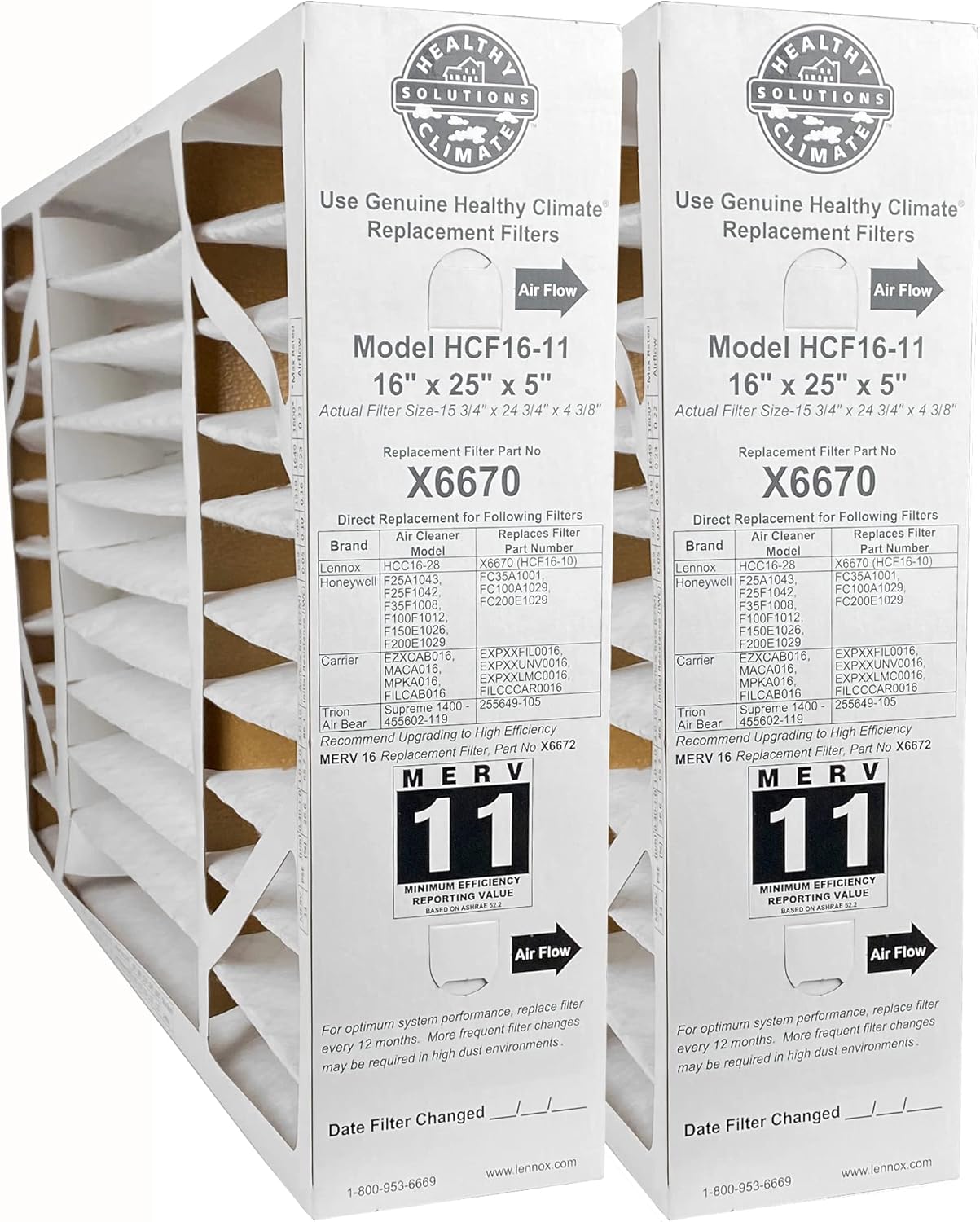 Lennox X6670 - (2-Pack) Healthy Climate 16" x 25" x 5" OEM HCF16-11 Air Filter, MERV 11