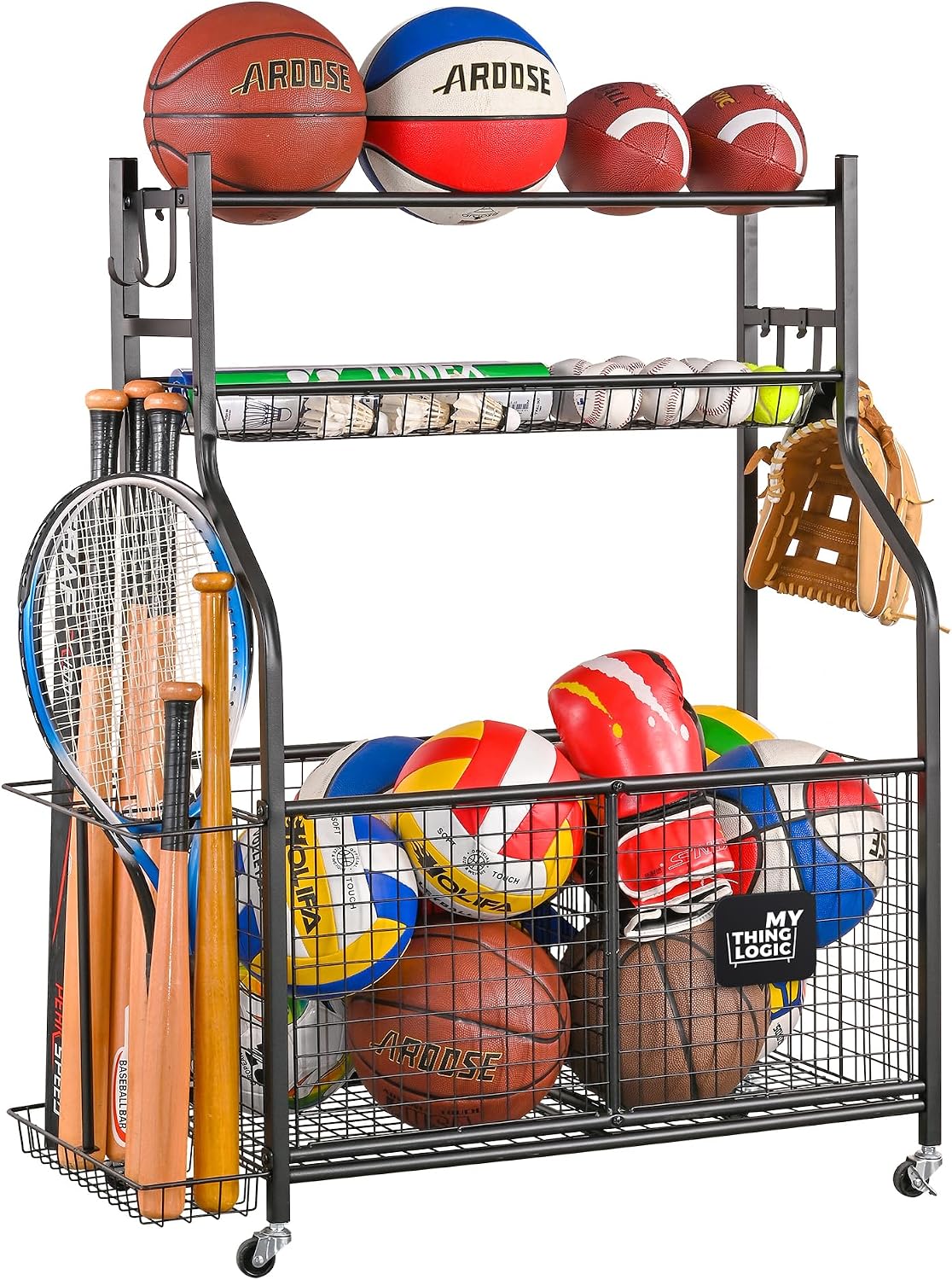 Mythinglogic Sports Equipment Garage Organizer,Garage Ball Storage for Sports Gear and Toys, Rolling Ball Cart with Wheels for Indoor/Outdoor Use