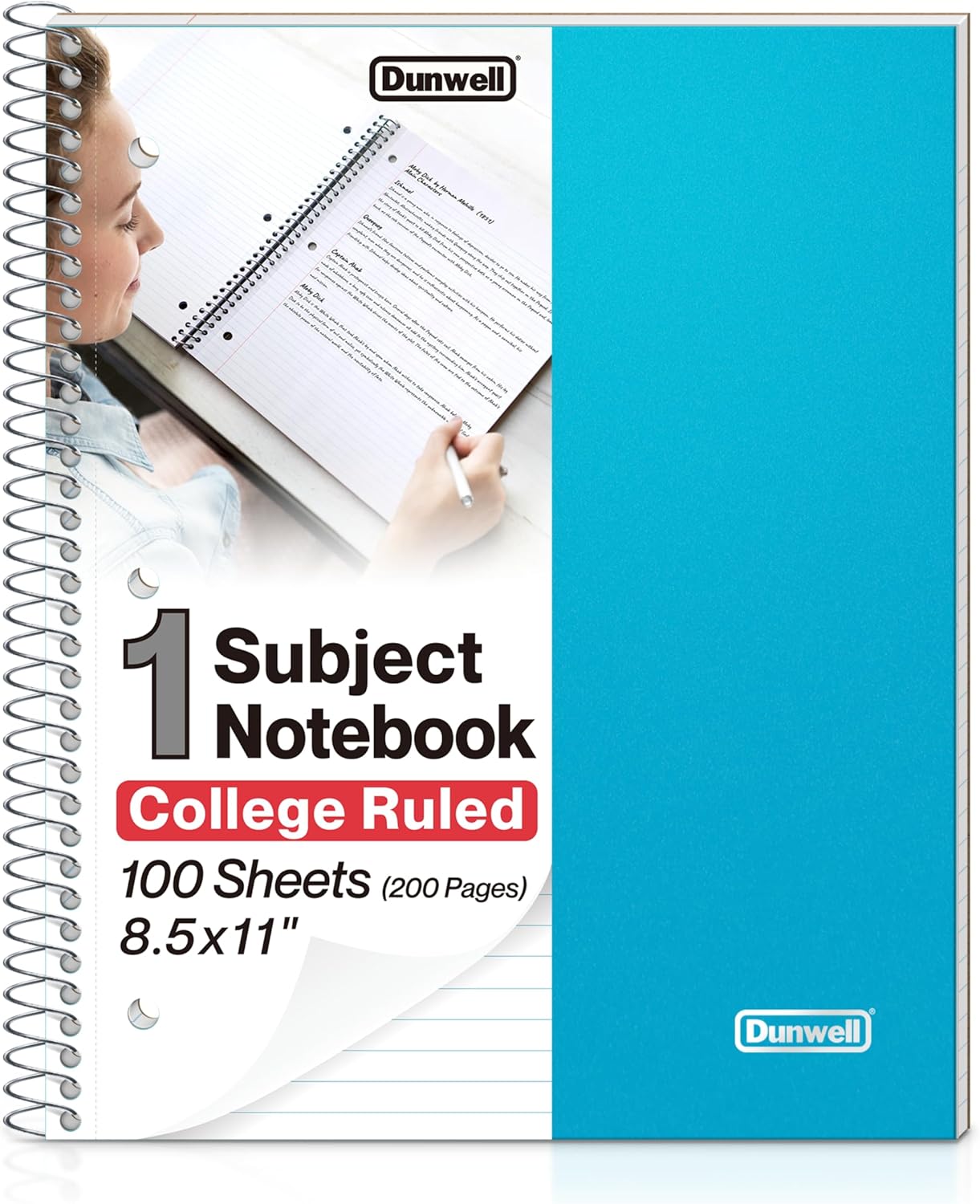 Dunwell 1-Subject Notebook College Ruled, (Blue) 100 Sheets (200 Pages), Perforated Paper, 3 Hole Punched, Spiral Notebook 8.5 x 11, Protective Plastic Cover, Divider with Pockets