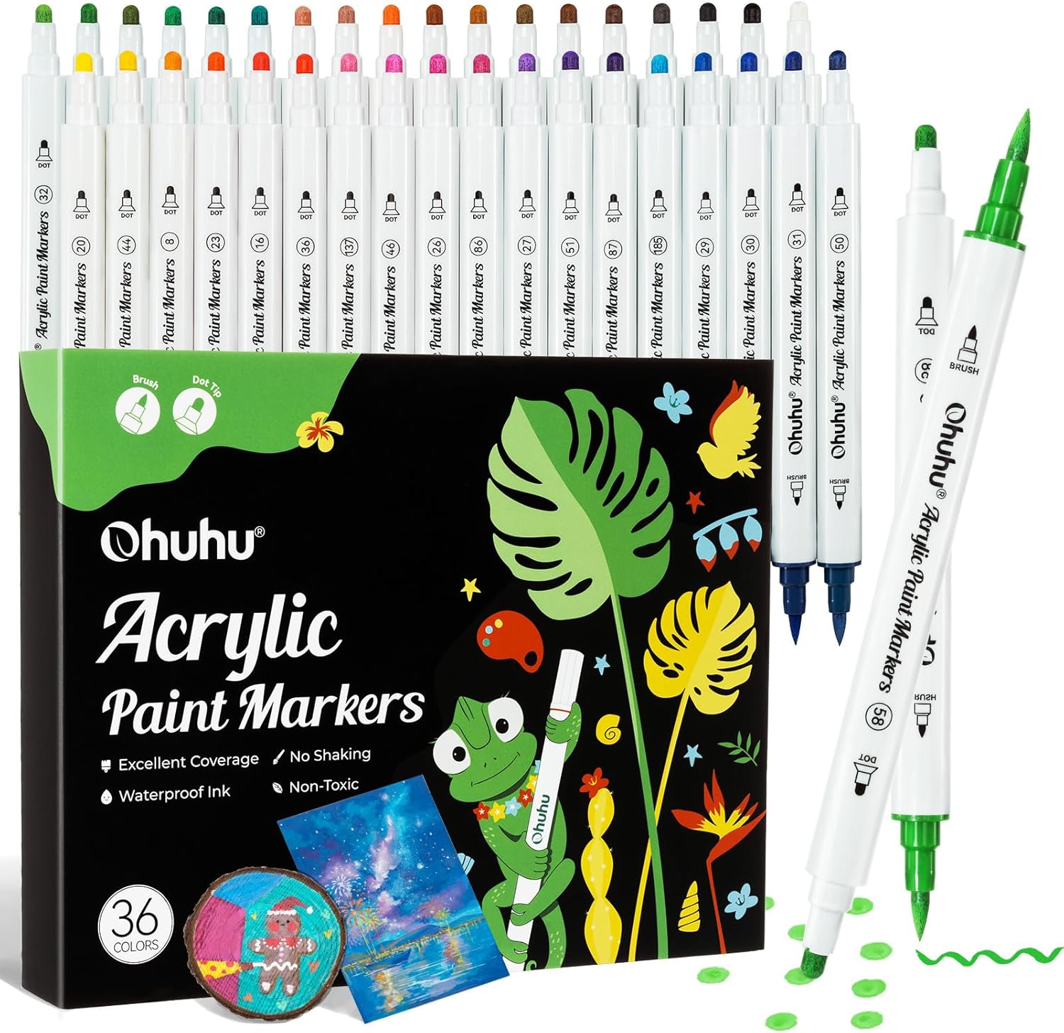 Ohuhu Acrylic Paint Markers Cotton-core: 36 Colors Dual Tips (Brush & Dot) Paint Pens High Opacity Acrylic Markers Waterproof Lightfast for Rock Painting Easter Eggs Wood Glass Ceramic Canvas