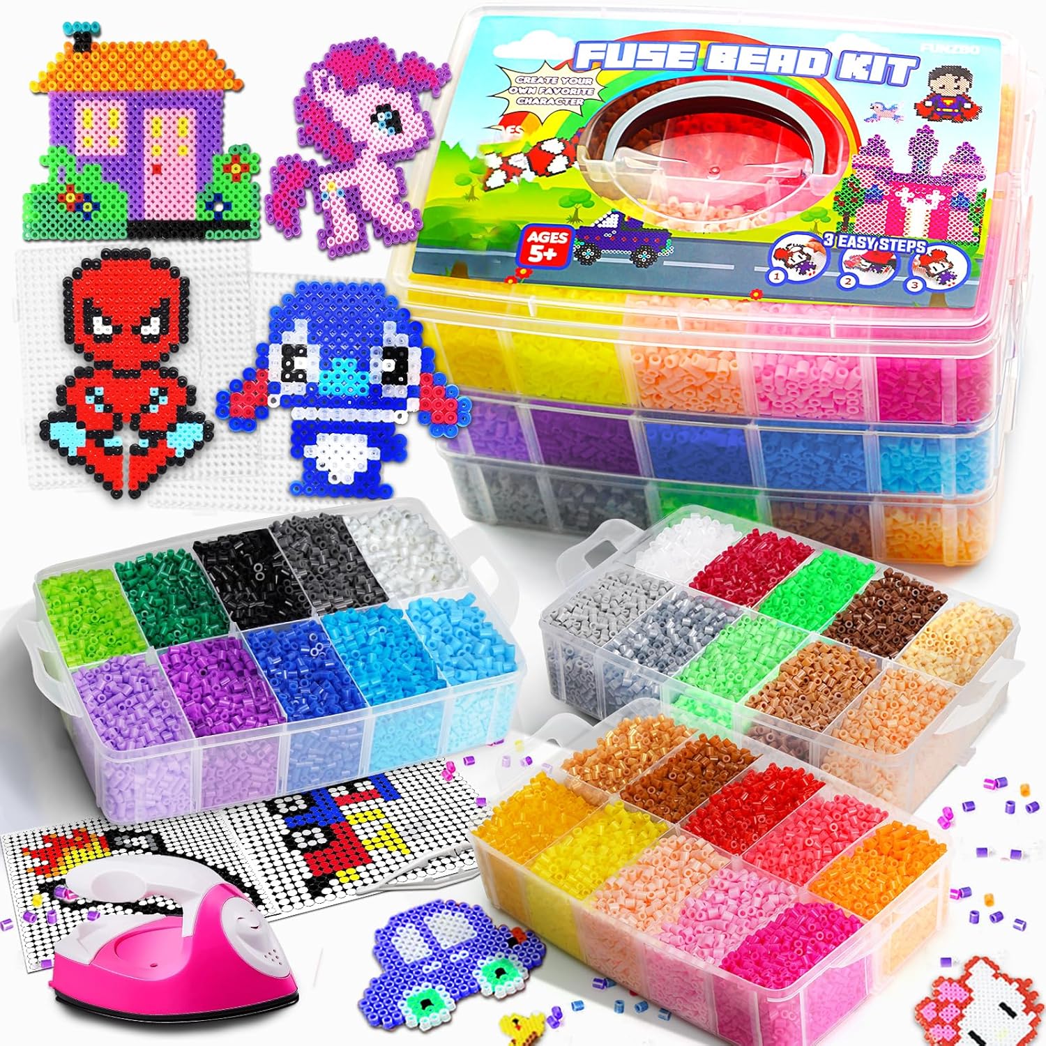FUNZBO 30000 5mm Fuse Beads Kit with Mini Iron - 30 Colors | 60 Patterns, Christmas Homeschool Arts and Crafts Supplies for Kids, Toys Set, Art Decorations for Room, Gifts for Girls and Boys Age 5+