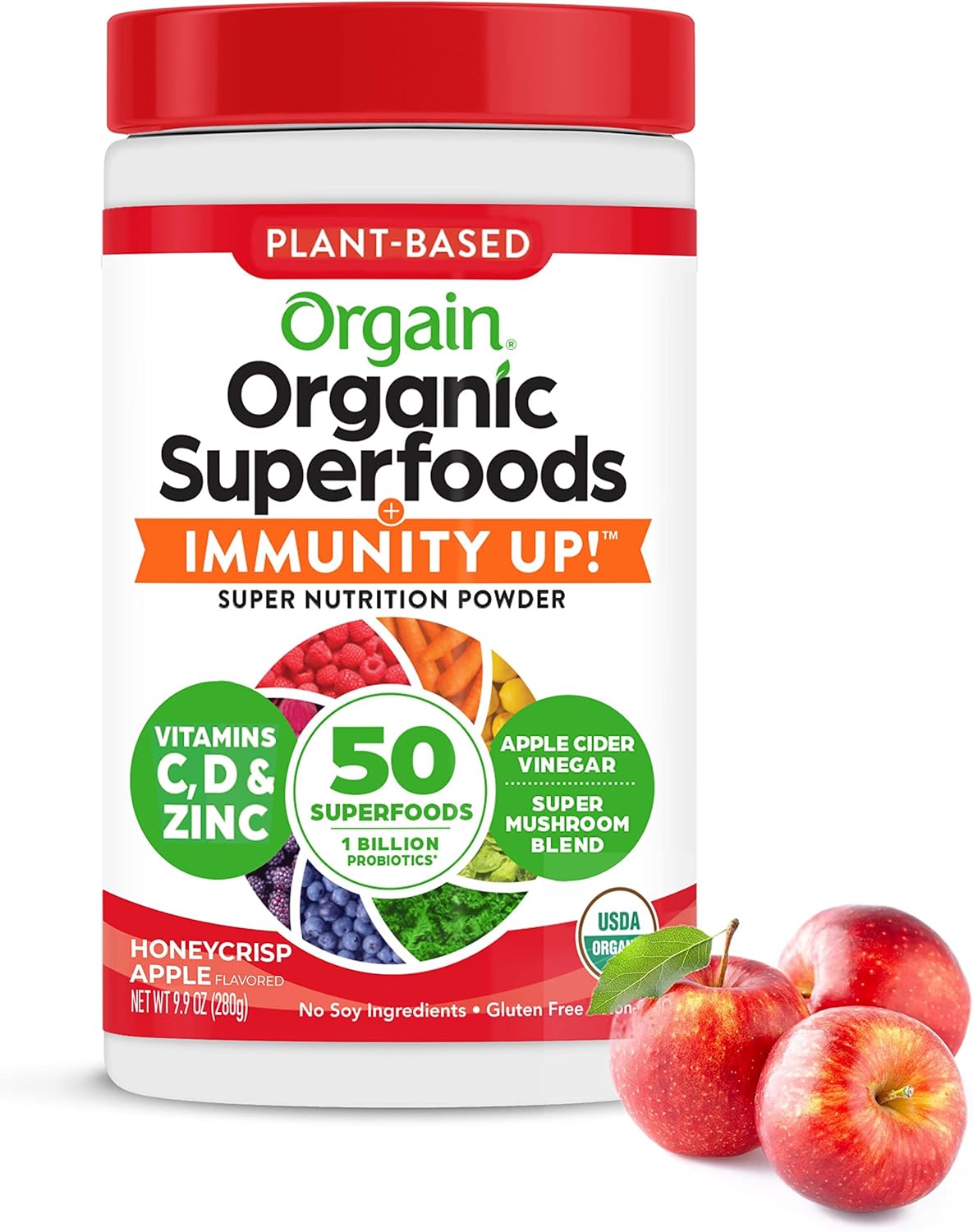 Orgain Organic Greens + 50 Superfoods Immunity Up! Powder, Honeycrisp Apple - Immune Support, Probiotics, Vitamin C, D & Zinc, Apple Cider Vinegar, Ashwagandha, Cordyceps & Reishi Mushrooms - 0.62lb