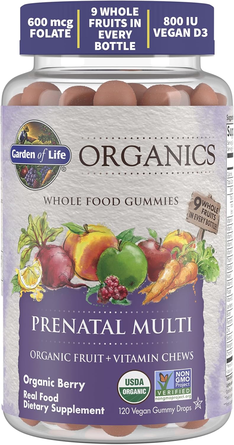 Garden of Life Organics Prenatal Gummies Multivitamin with Vitamin D3, B6, B12, C & Folate for Healthy Fetal Development – Organic, Non-GMO, Gluten-Free, Vegan, Berry Flavor, 30 Day Supply