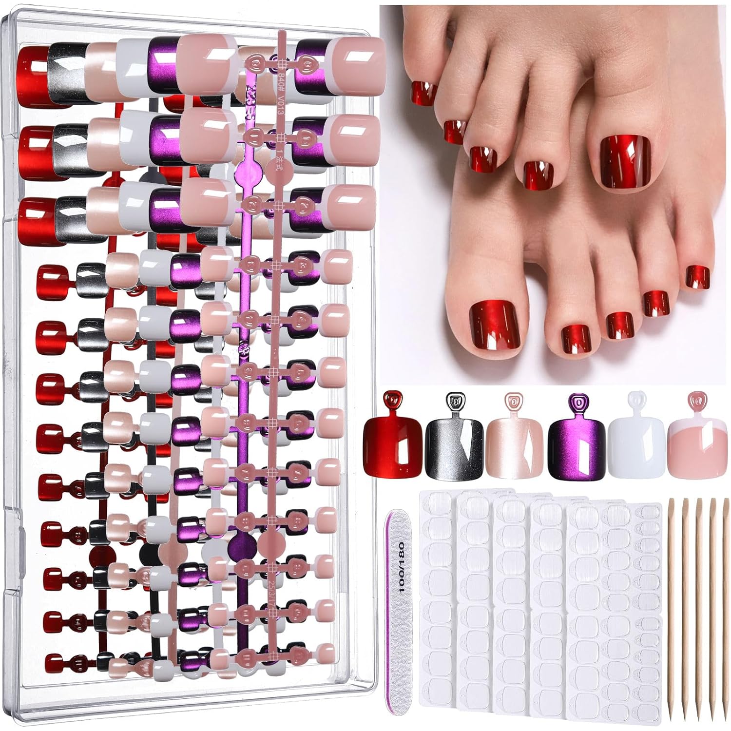 FANDAMEI Press on Toenails, 6 Colors Press On Toe Nails Short Square, French Tips Cat Eye Toe Press Ons for Women & Girls, Glossy Toe Fake Nails for Nail Art
