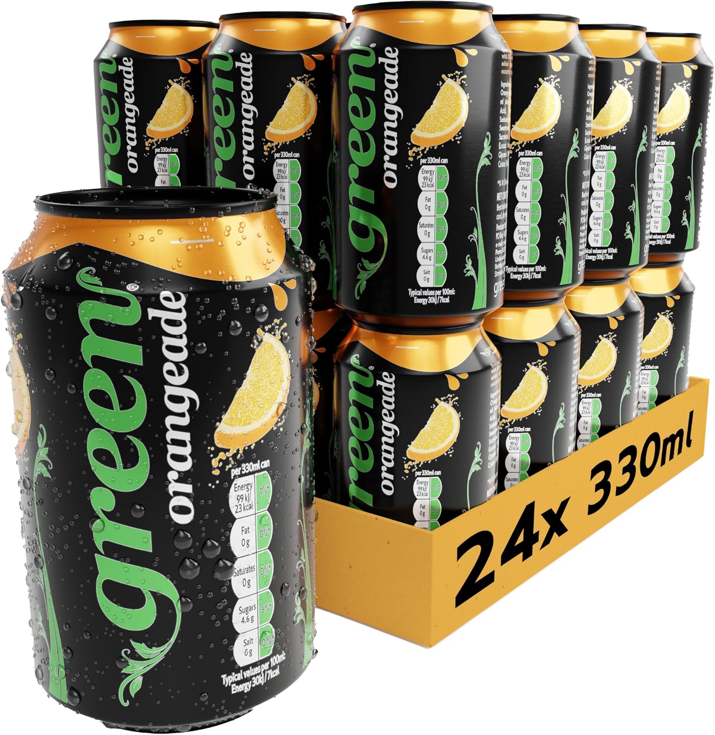 Green Orangeade - Low Calorie Soft Drinks - Sparkling Orange Flavour with 20% Natural Juice - No Added Sugar, Sweetened with Stevia, No Aspartame - Alternative Fizzy Drink - Bulk Pack 24 Cans x 330ml