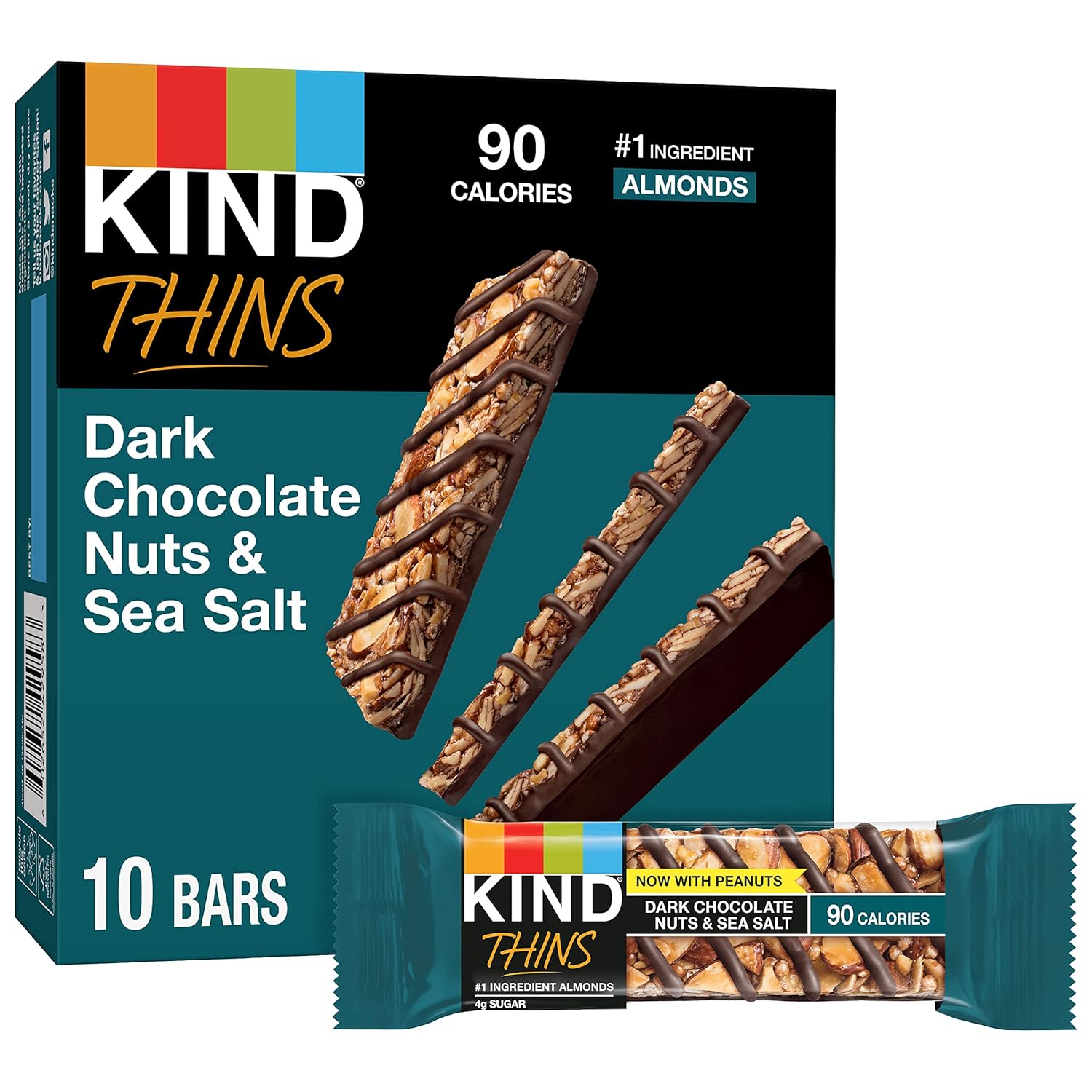 KIND THINS Dark Chocolate Nuts & Sea Salt Bars (Now with Peanuts), Gluten Free, 4g Sugar, 0.74 oz bars, 10 count