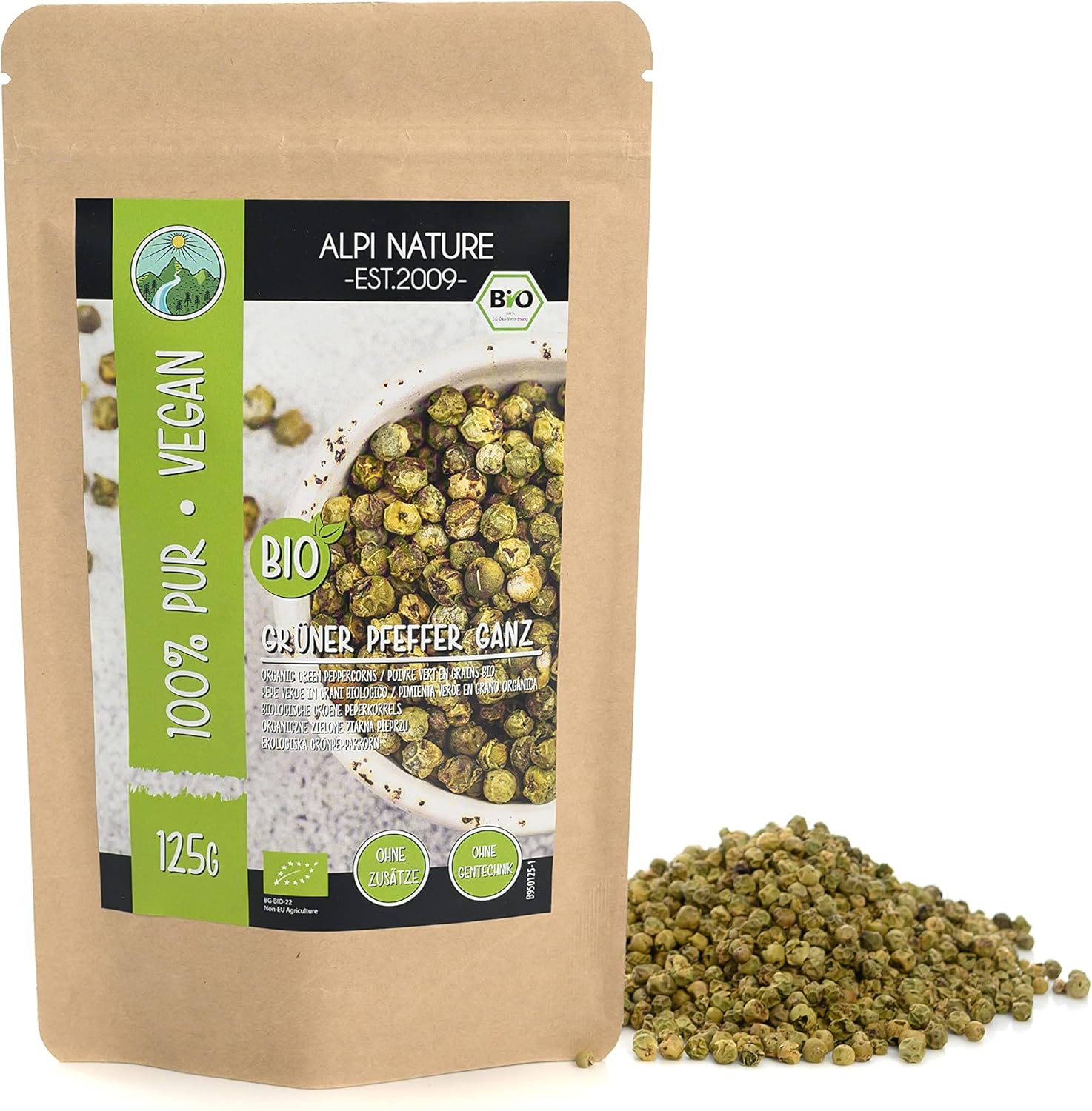 Alpi Nature Organic Green Pepper 125g 4.4 oz, Whole Peppercorns, Whole Green Peppercorns