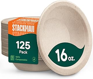 Paper Bowls, 100% Compostable Disposable Soup Bowl [125-Pack] - {PFAS-Free} - {BPI Certified} - [16 oz] Heavy Duty, Eco-Friendly, Biodegradable Bagasse Hot Food Plates and Bowls - Natural Brown