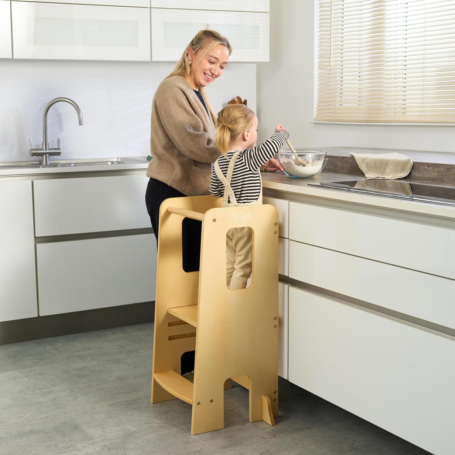 Tutti Bambini Learning Tower for Toddlers – Wooden Montessori Step Stool, 3 Adjustable Heights, Anti-Tip, Kids Kitchen Tower for Ages 2–6 (Natural)