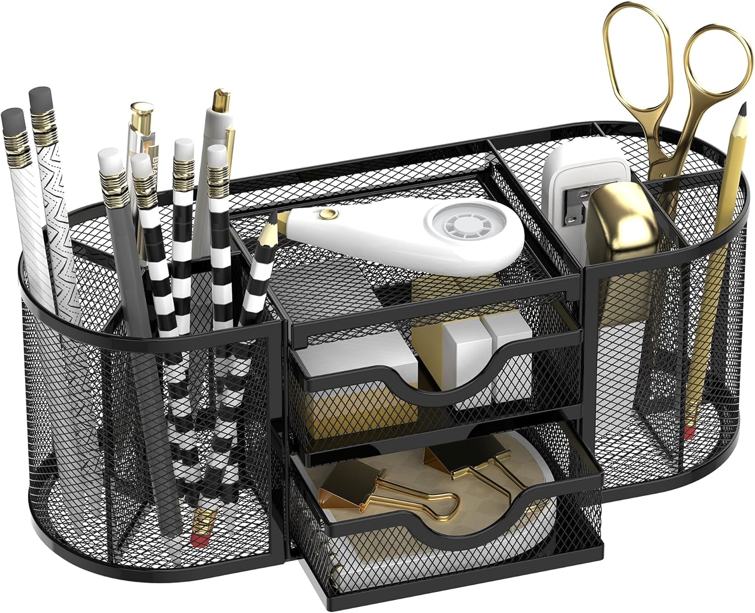 SUPEASY Mesh Desk Organizer, Desk Organizers and Accessories, Pen Holder with Drawers, Pencil Holder for Desk with 2 Drawer for Office Supplies, Black