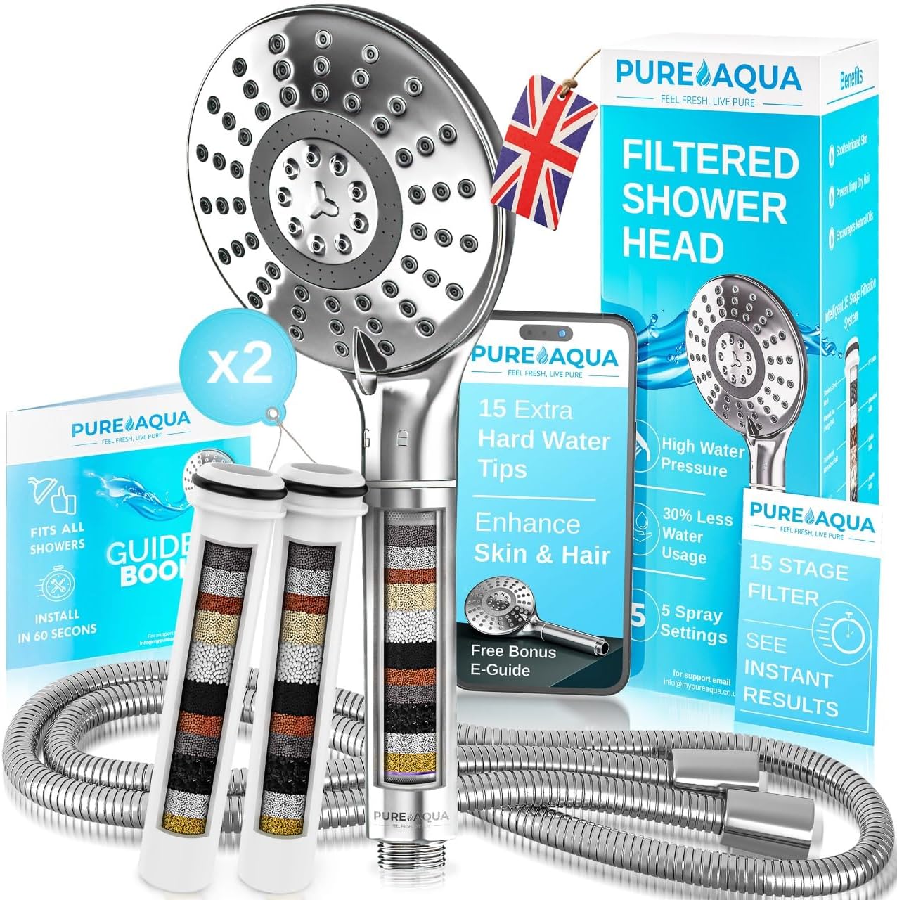 PUREAQUA 15 Stage Shower Head Filter | Shower Filter X2 | Hard Water Showerhead Filters | High Pressure Shower Heads | 5 Spray Settings Power Shower Head | Skin & Hair | Fast Results | UK Brand