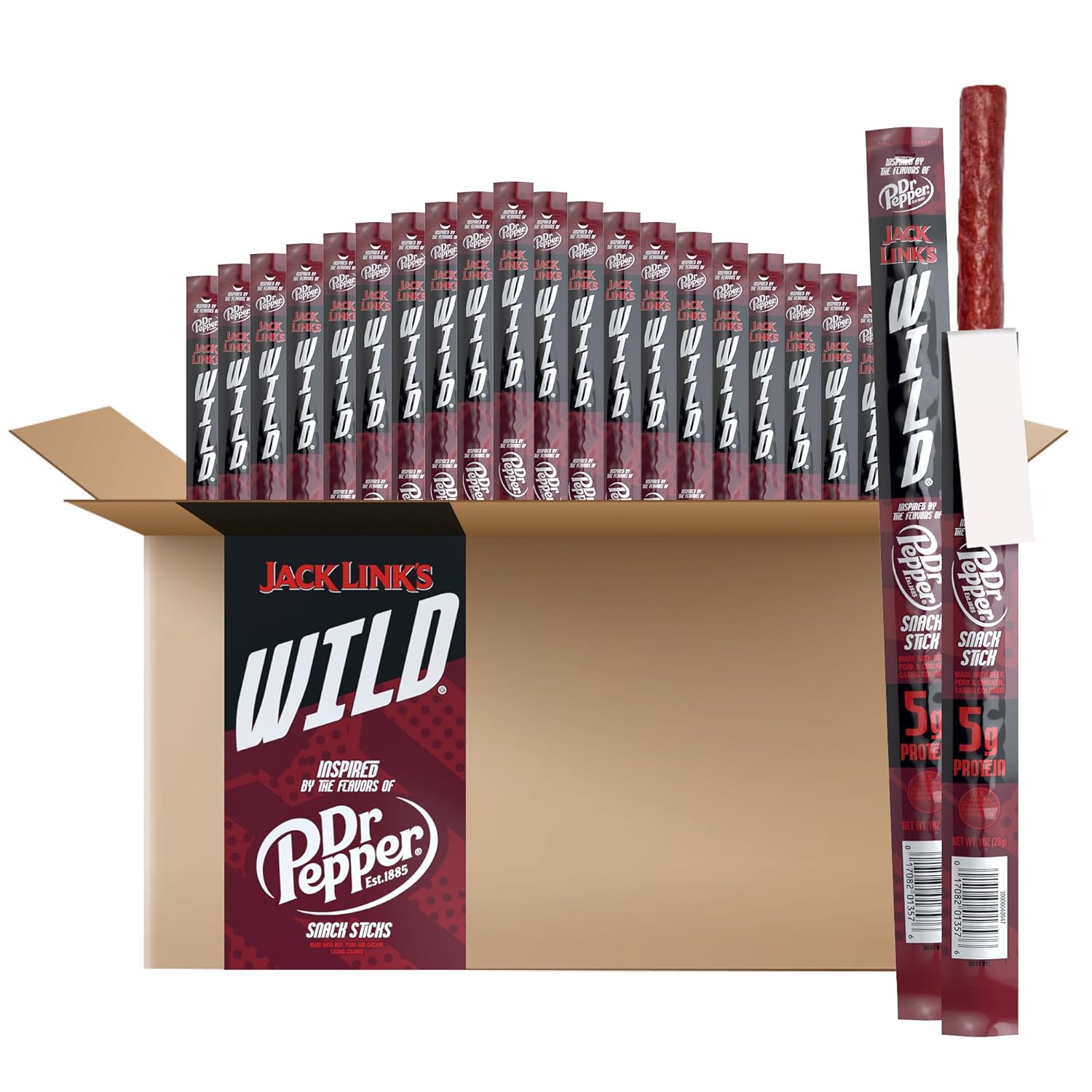 Jack Link's WILD Snack Sticks, Dr Pepper Inspired Flavors - Protein Snack Sticks with 5g of Protein per Serving, Keto Friendly, Individually Wrapped - 1.0 oz (Pack of 20)