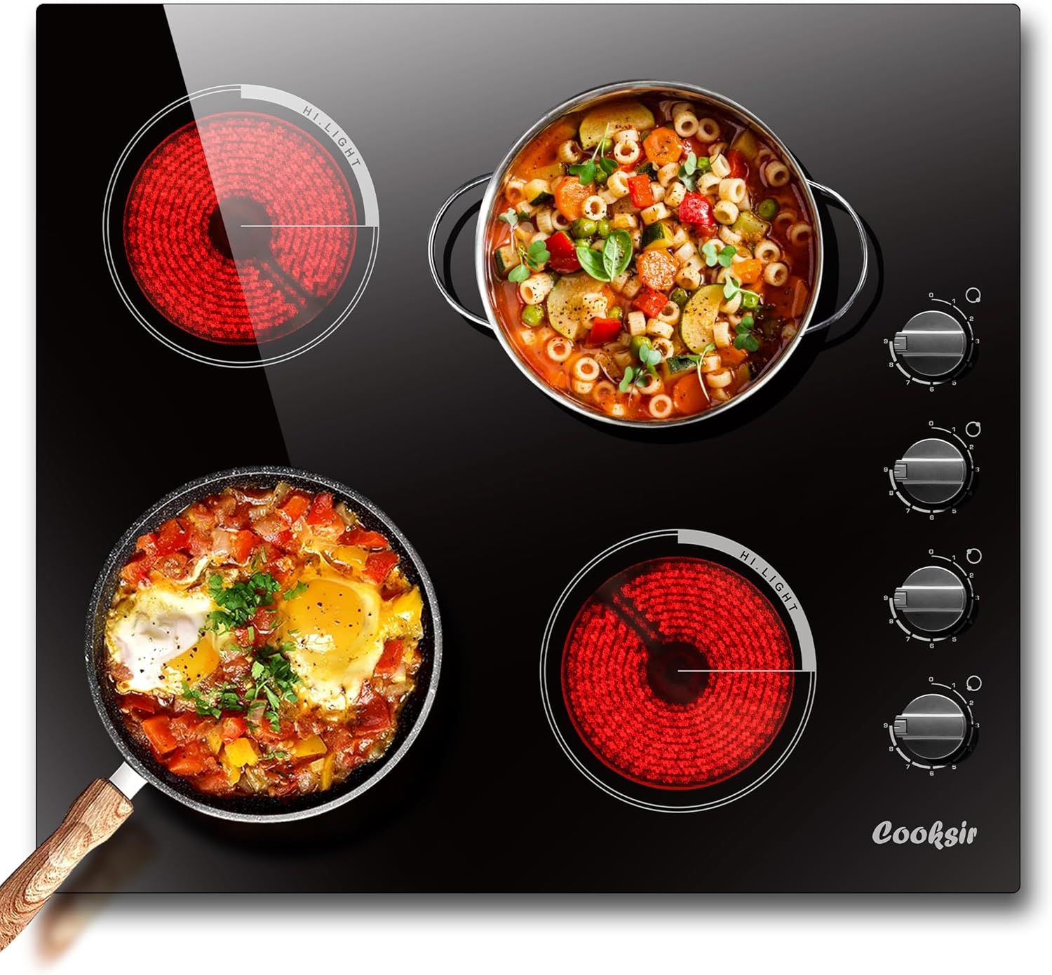 Electric Cooktop 24 Inch - 4 Burner Built-in Electric Stove Top 6000W, Radiant Electrical Stovetop with 9 Heating Level, Knob Control, Auto Shut Off Protection, 220-240V Hard Wired (No Plug)