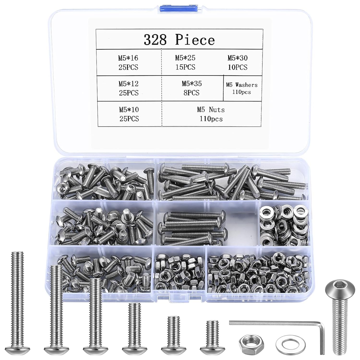 328 Pcs M5 Bolts and Nuts Set, M5 Nuts and Bolts and Washers Kit, Hex Socket Head Cap Screws Bolts Washers Set, Silver Round Head Hexagon Socket Machine Bolts and Washers Assortment Kit (328 silver)