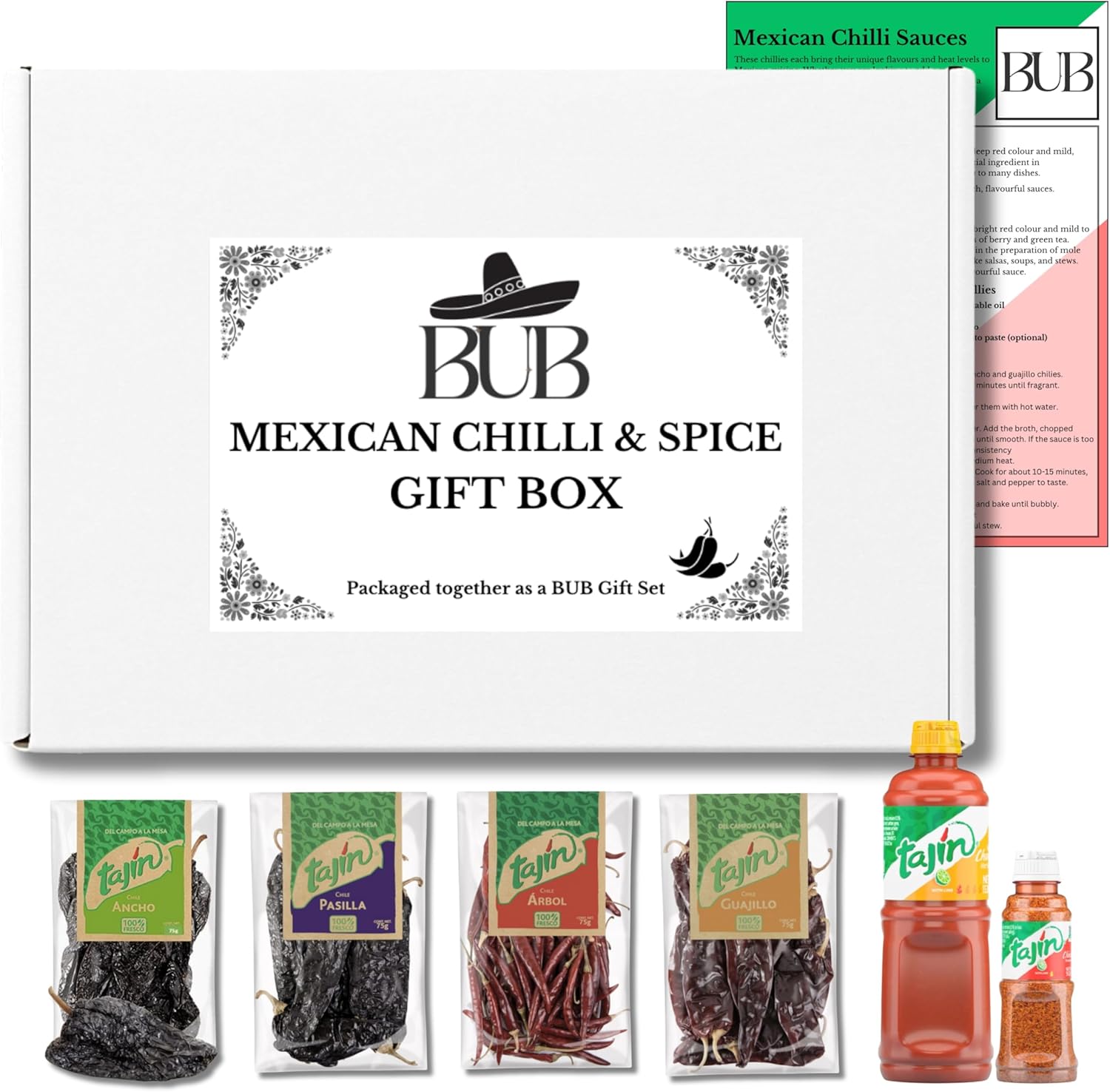 BUB Mexican Dried Chillies & Spice Gift Set – Includes BUB recipe card, Pasilla, Guajillo, Arbol & Ancho Chillies, Chamoy & Classico Seasoning · Gourmet Food Gift (6 Pack)