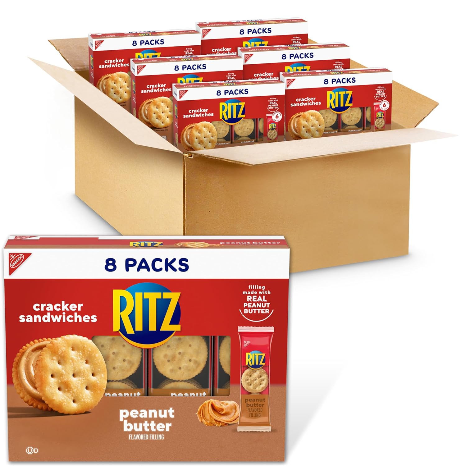 RITZ Peanut Butter Sandwich Crackers, Lunch Snacks, 48 Snack Packs (6 Boxes, 6 Crackers Per Pack)