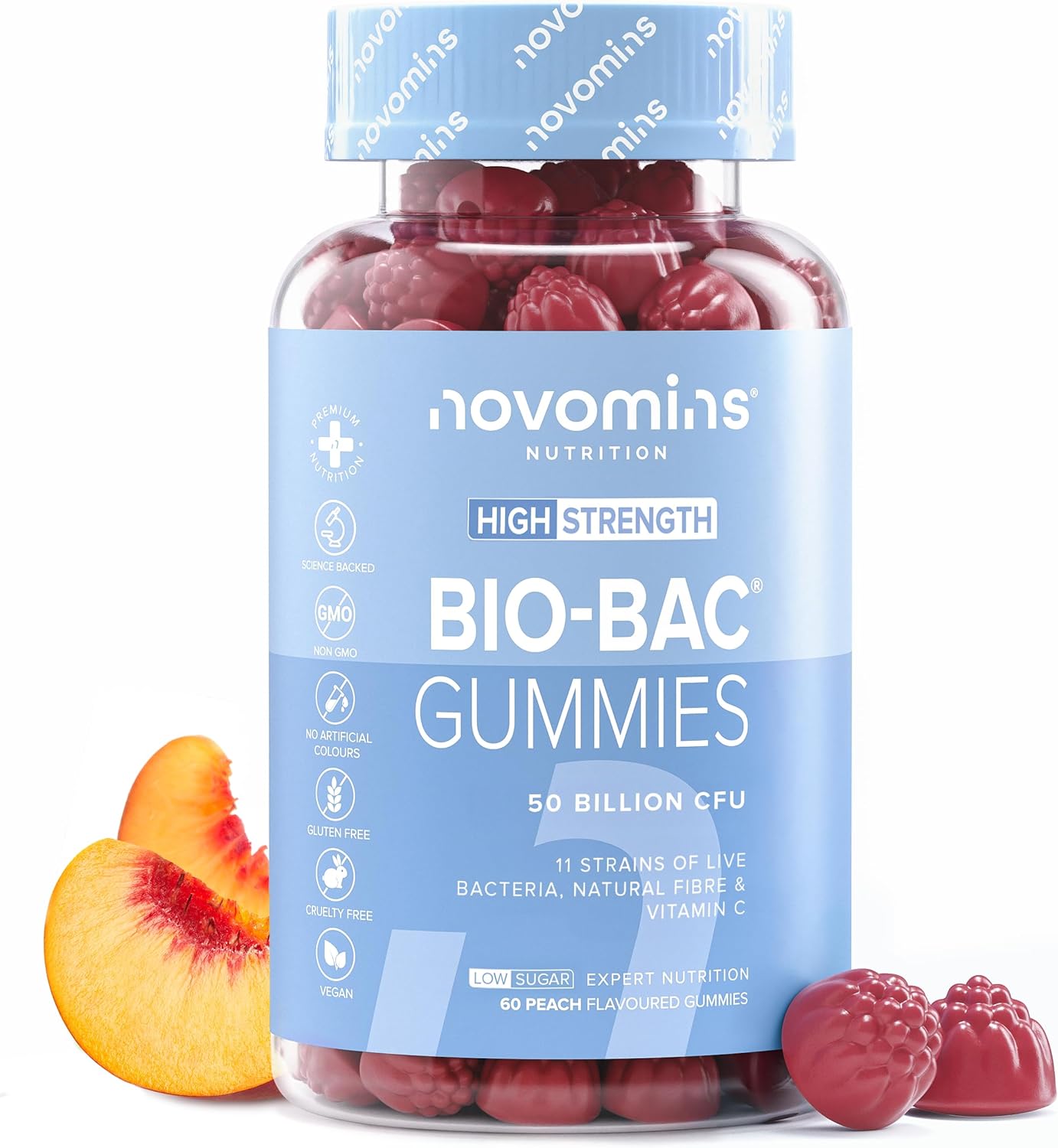 Probiotic Gummies – Bio-Bac 50 Billion CFU Probiotics for Gut Health 11 Strains of Live Bacteria - Pro Biotics for Gut Health Probiotic Supplements for Men and Women - Novomins