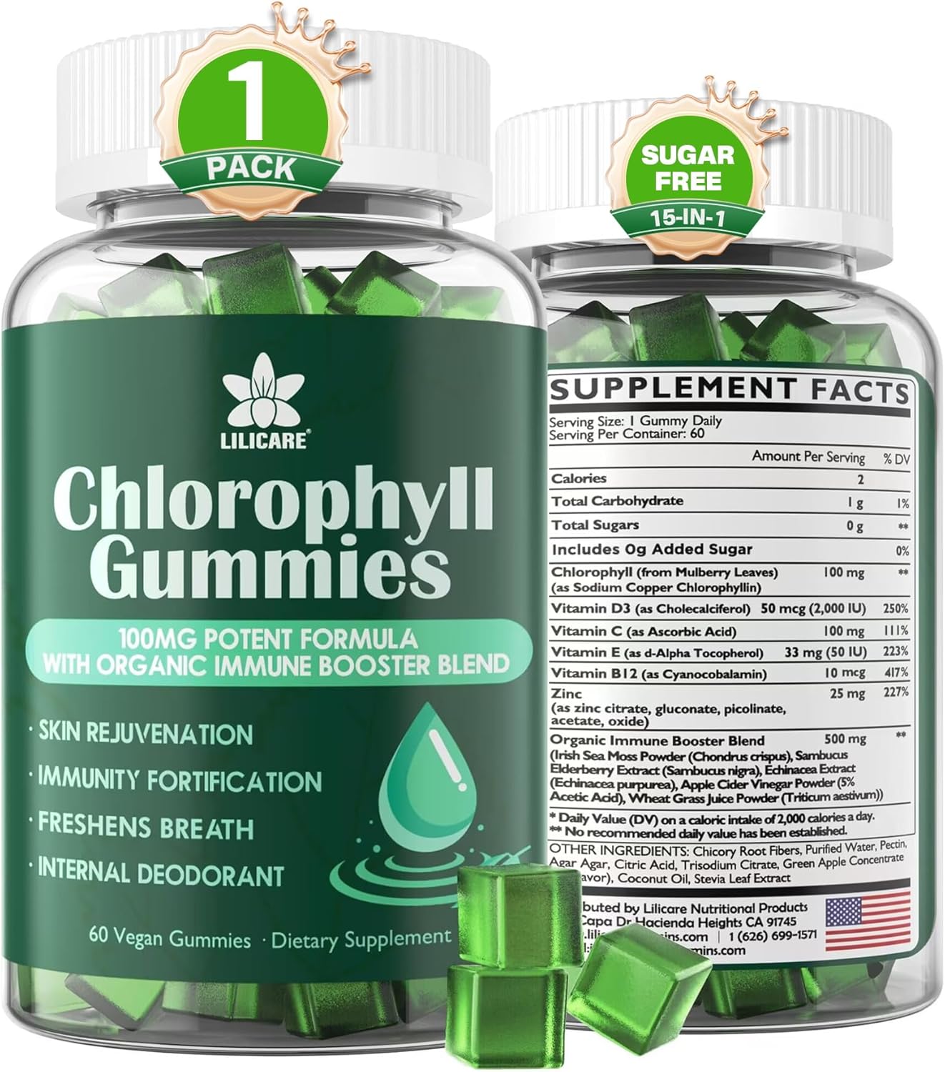 Chlorophyll Gummies - Super Green with Wheat Grass, Sea Moss, Unfiltered ACV & Elderberry, Echinacea, Zinc Complex & Vitamin D3, C, E, B12 for Natural Deodorant, Immune & Digestion Support, 60 Chews