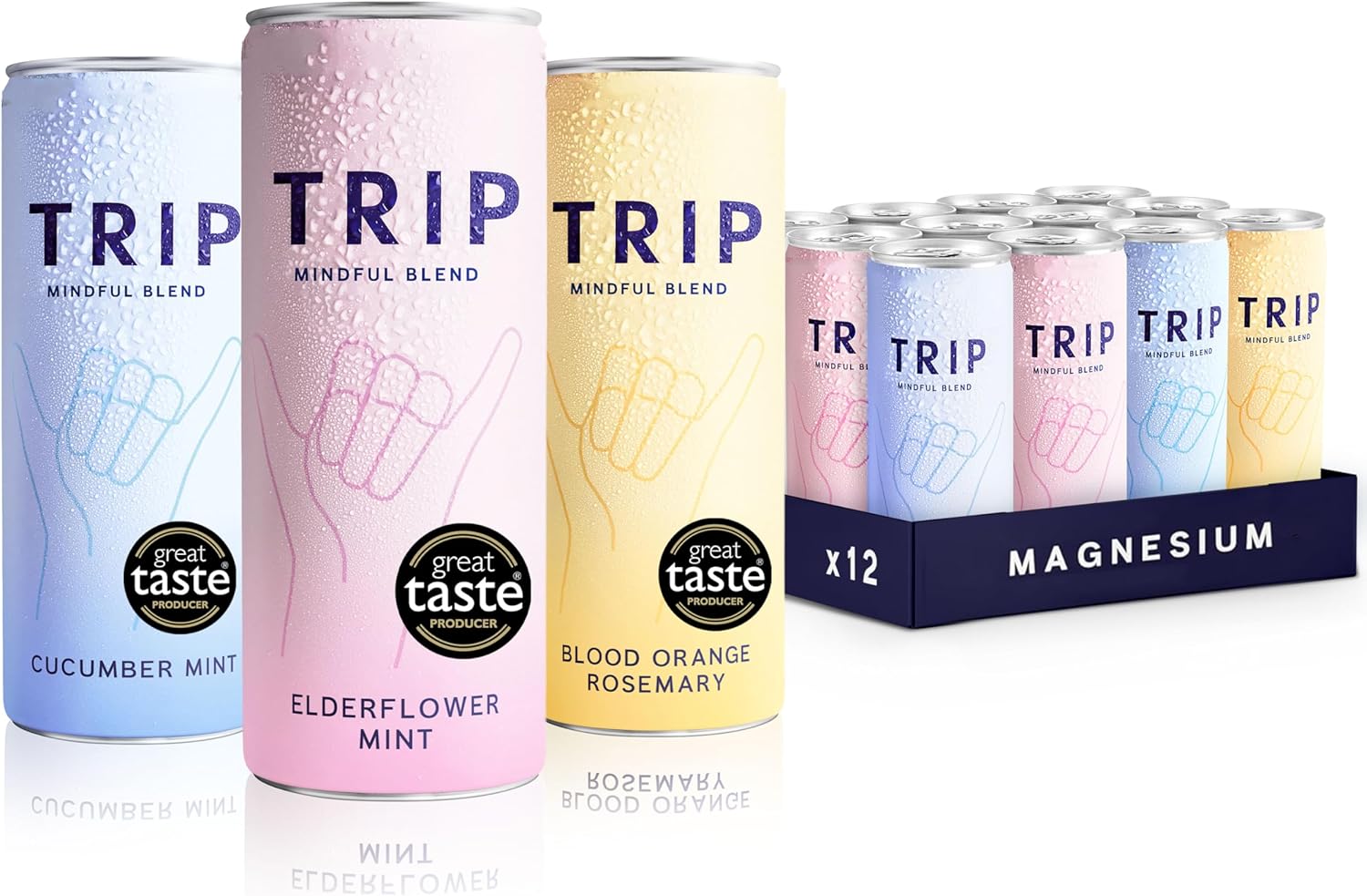 TRIP Mindful Blends - Mixed Pack Sparkling Drink with 1440MG Magnesium Citrate + Lion’s Mane + Chamomile + Lemon Balm. Low Calorie and Vegan (Pack of 12 x 250ml)
