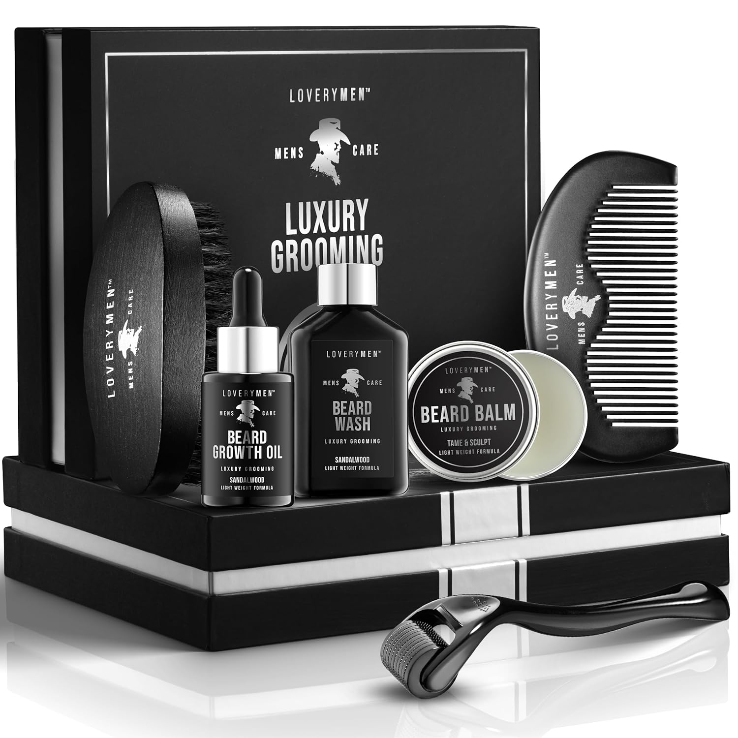 LOVERY Beard Grooming Kit - Includes Beard Oil, Beard Balm, Beard Wash, Comb, Brush & more– Mens Gifts for Him, Boyfriend, Husband, Dad - Sandalwood Beard Kit