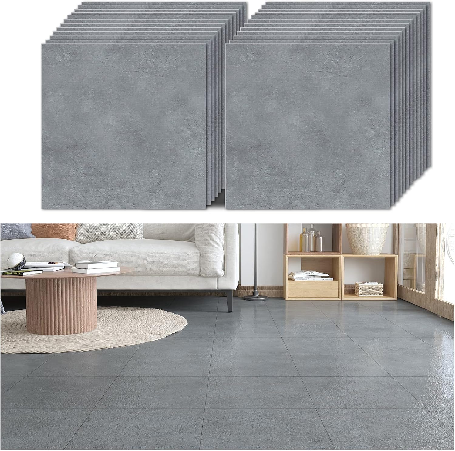 VEELIKE Grey Floor Tiles Self Adhesive Stick on Floor Tiles for Bathroom Kitchen Flooring Adhesive Tile Sticker Waterproof Vinyl Flooring Planks Bedroom Removable 1.5mm 30 cm x 30 cm 24 Pieces