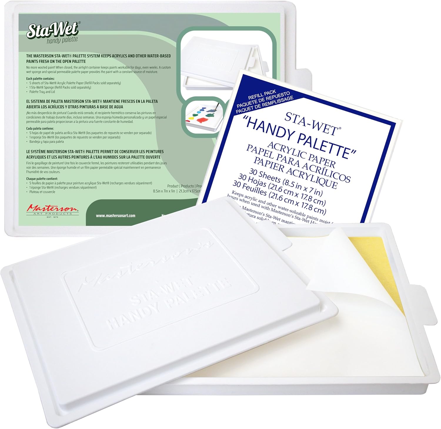 Masterson Sta-Wet Handy Palette Bundled Set, with 30 Acrylic Paper Refill Sheets, 8.5in x 7in Airtight Wet Painting Palette, Keeps Wet Paint Fresh for Days, Made in USA