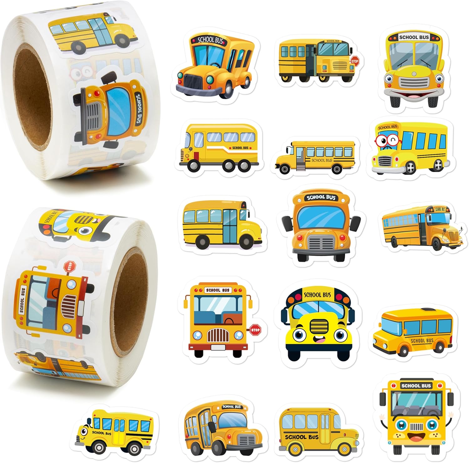 BeYumi School Bus Roll Stickers - 1000Pcs School Bus Stickers in 2 Rolls Back to School Waterproof Vinyl Cartoon Transportation Decals for Laptop Bottle Notebook Luggage Computer Classroom Decor Kids