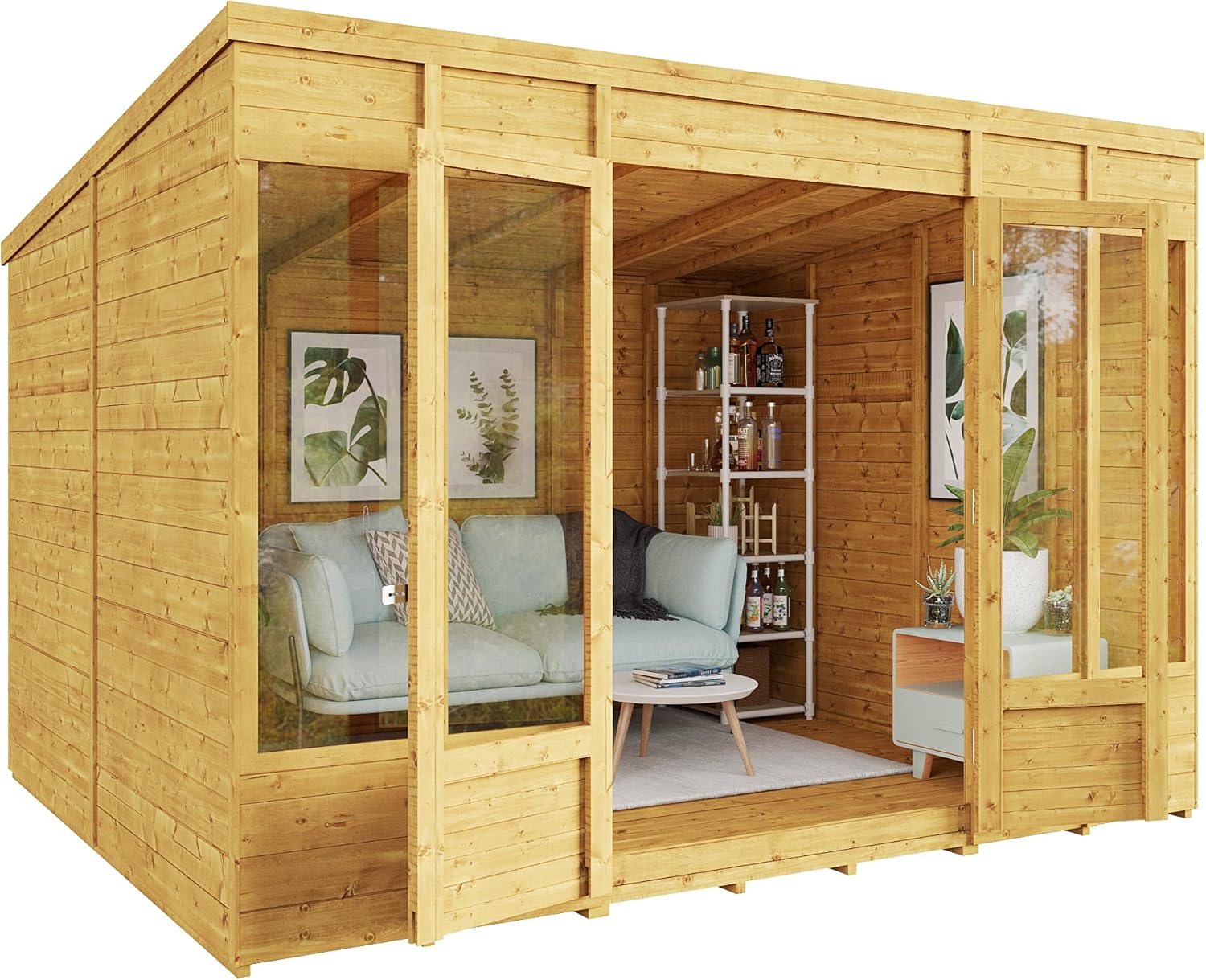 BillyOh Bella 10 x 8 Summer House Shed, Modern Pent Roof Log Cabin | Spray Treated - Garden Room with Wide Double Doors, Tongue and Groove Construction | Versatile Tiny Home or Garden Office