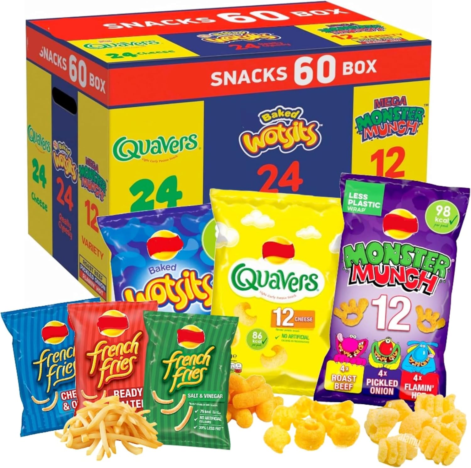 60+3 Bags Crisps Multipack Box Bulk Buy - Variety of 60 Crisps Snacks Box with EXTRA 3 x 18g French Fries Chips. Multipack Crisps for Birthday Party Food, Pub Snacks, Movie Night