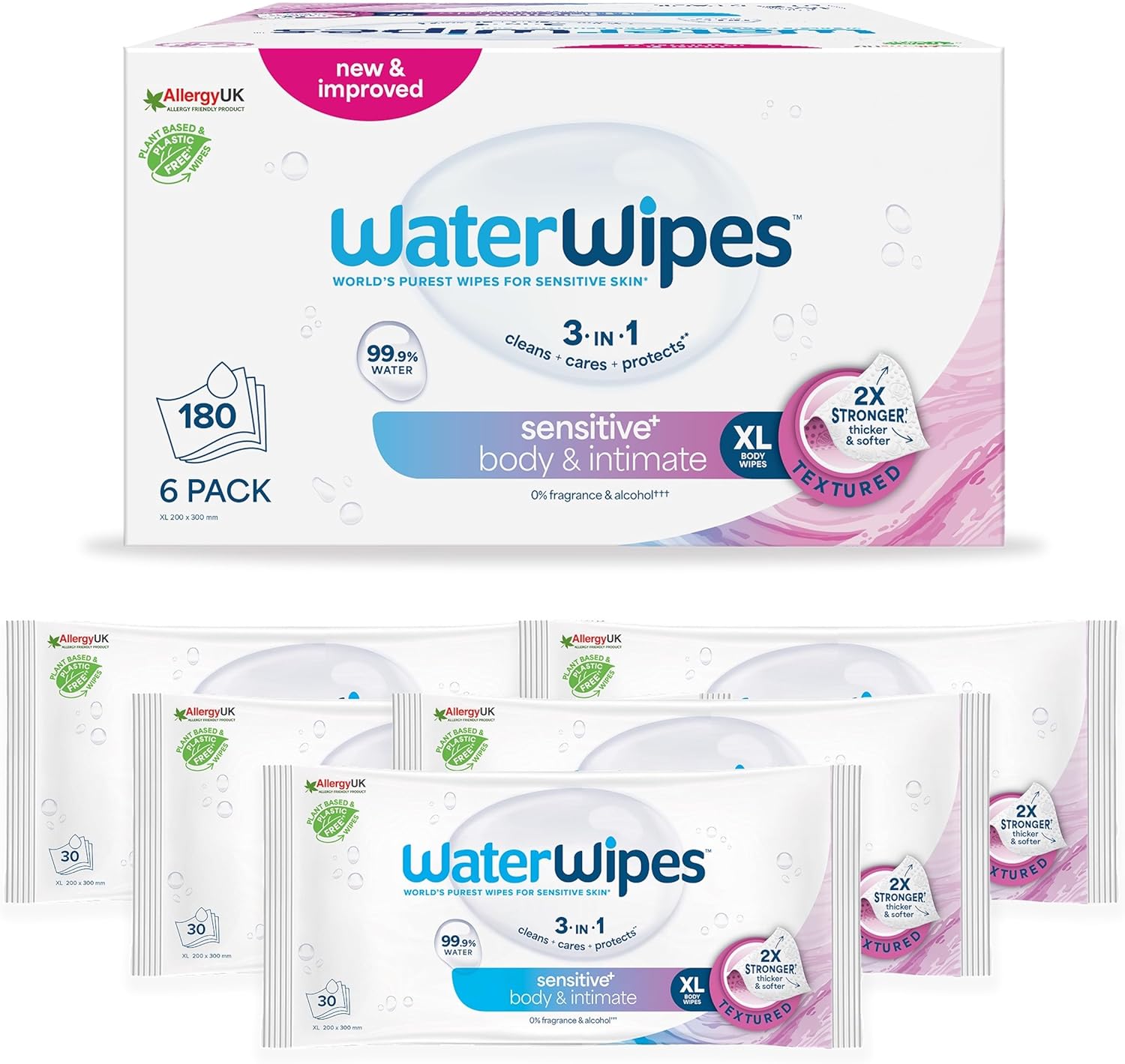 WaterWipes Sensitive+ Body & Intimate Wipes, 180 Wipes (6 Packs), 3-In-1 Cleans, Cares, Protects, 99.9% Water, Unscented & Hygiene Wet Wipes, Adult Care