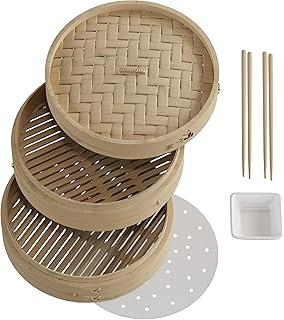 Prime Home Direct Bamboo Steamer Basket 10-inch | 2-Tier Steamer for Cooking | 50 Liners, Chopsticks, Sauce Dish | Dumpling Steamer, Food Steamer Baskets for Cooking - Rice & Vegetable Steamer Pot