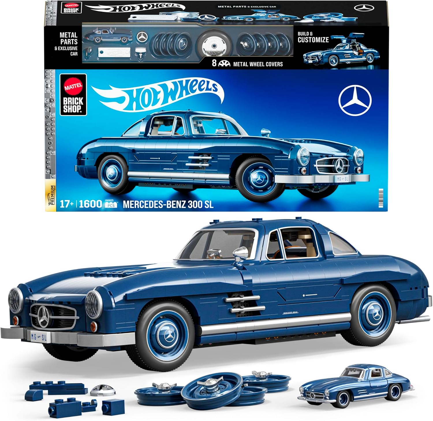 ​Mattel Brick Shop Hot Wheels Premium Series Building Set, Mercedes-Benz 300 SL with 1600 Pieces, Realistic Details and Metal Parts, Adult Collectors, HWW25