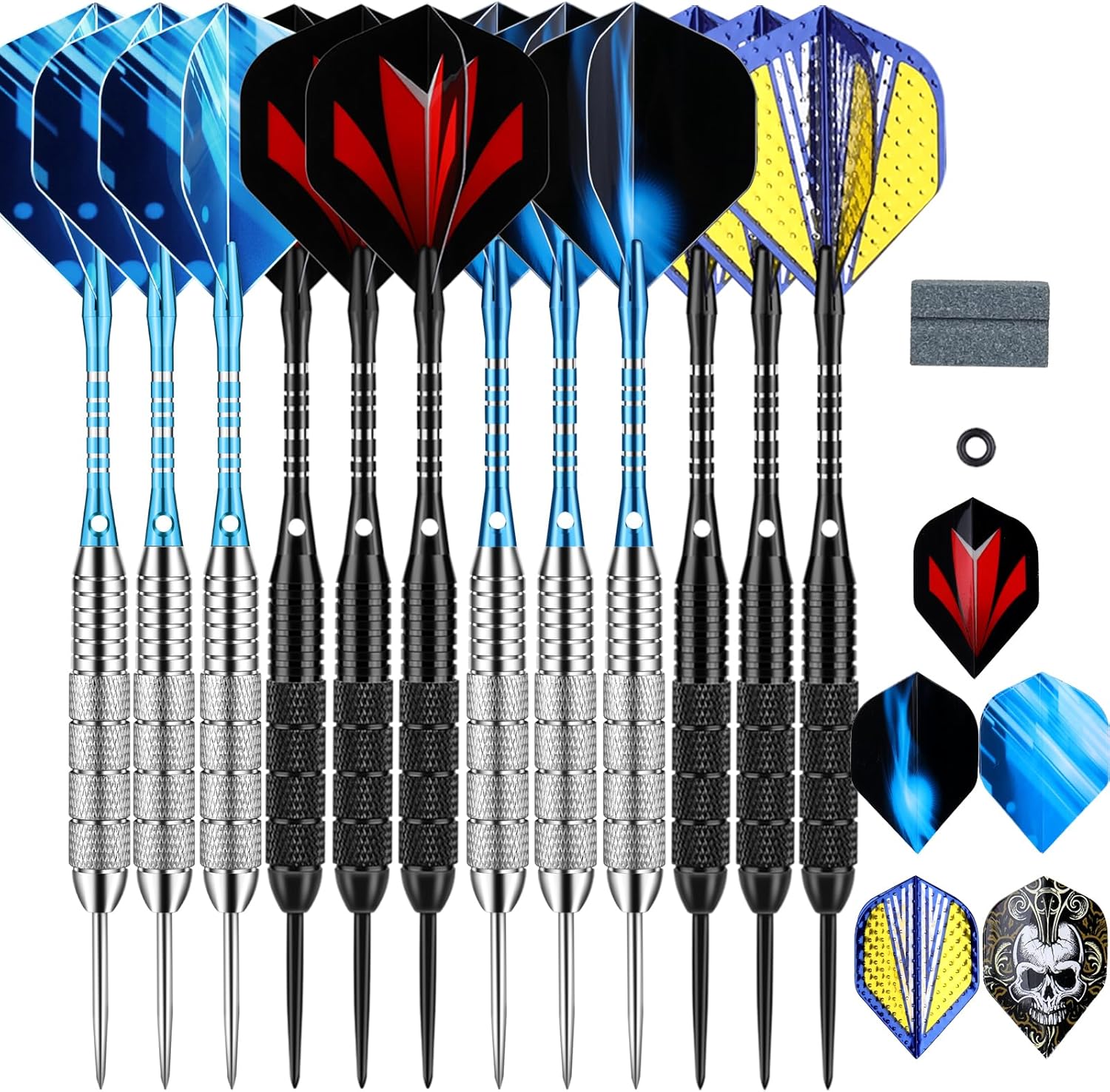 12 Pack Darts Metal Tip Set for Dartboard 6 x 22g 6 x 24g, Steel Tip Darts with Black Blue Aluminium Shafts 30 Flights 50 Rubber O-Rings 1 Dart Sharpener Tool