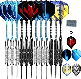 12 Pack Darts Metal Tip Set for Dartboard 6 x 22g 6 x 24g, Steel Tip Darts with Black Blue Aluminium Shafts 30 Flights 50 Rubber O-Rings 1 Dart Sharpener Tool